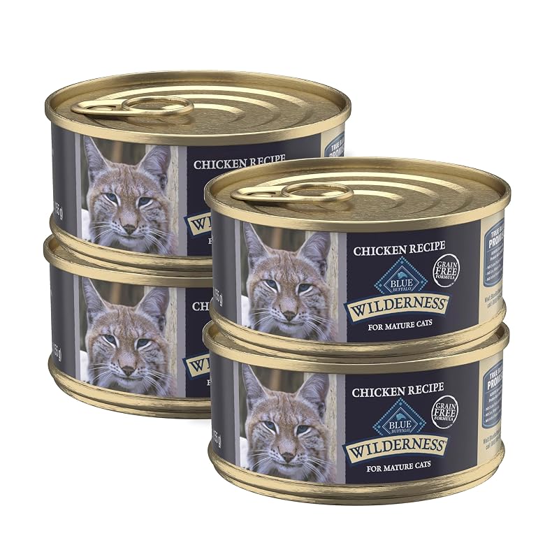 Ração Úmida para Gatos Adultos Maduros 7+ Blue Buffalo Wilderness, Patê de Frango, Sem Grãos, Pacote com 4 Latas de 85 g