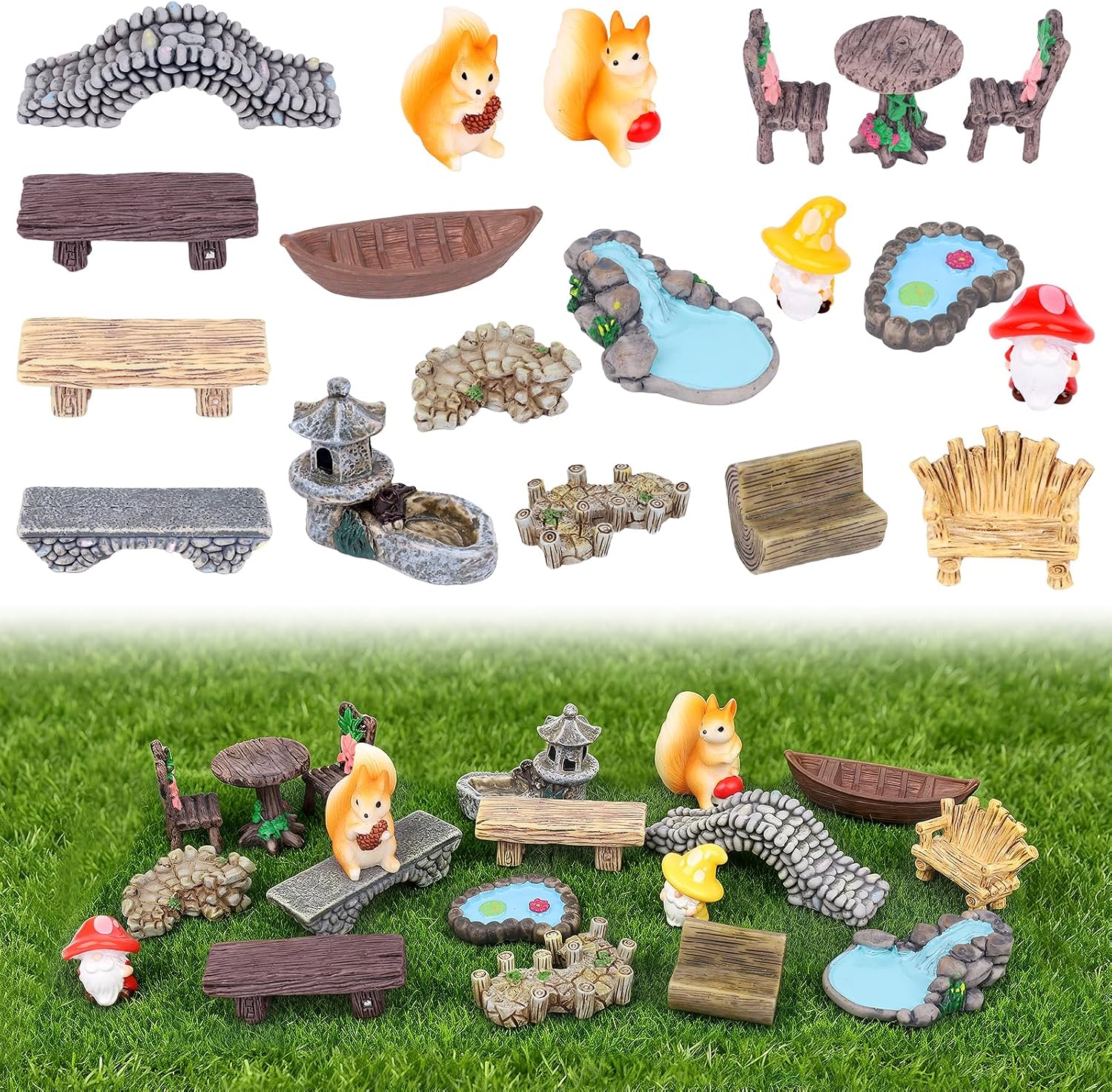21 Pcs Fairy Garden Accessories Kit, Resin Retro Scenery Ornaments with Bridge, Pond, Tower and Boat, Desktop Bonsai Terrarium Decor for Plant Lovers, Tabletop Art Display