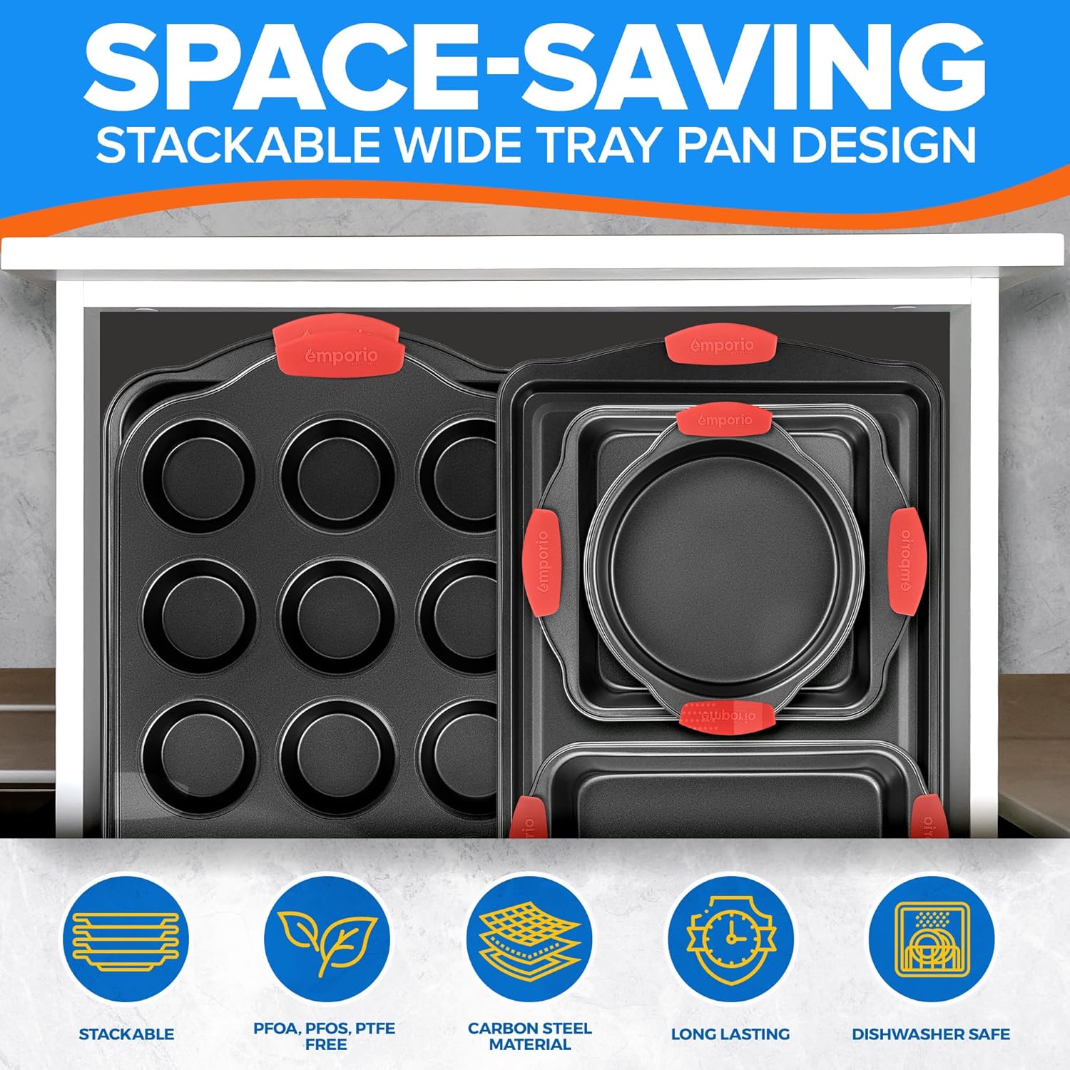 Baking Pan Set - Nonstick Coating, Carbon Steel Bakeware Set with Red Silicone Handles, PFOA, PFOS, PTFE Free, Recipe Booklet Included, Oven Safe Tray (Up To 450° F), Set of 8 - Black - Image 5