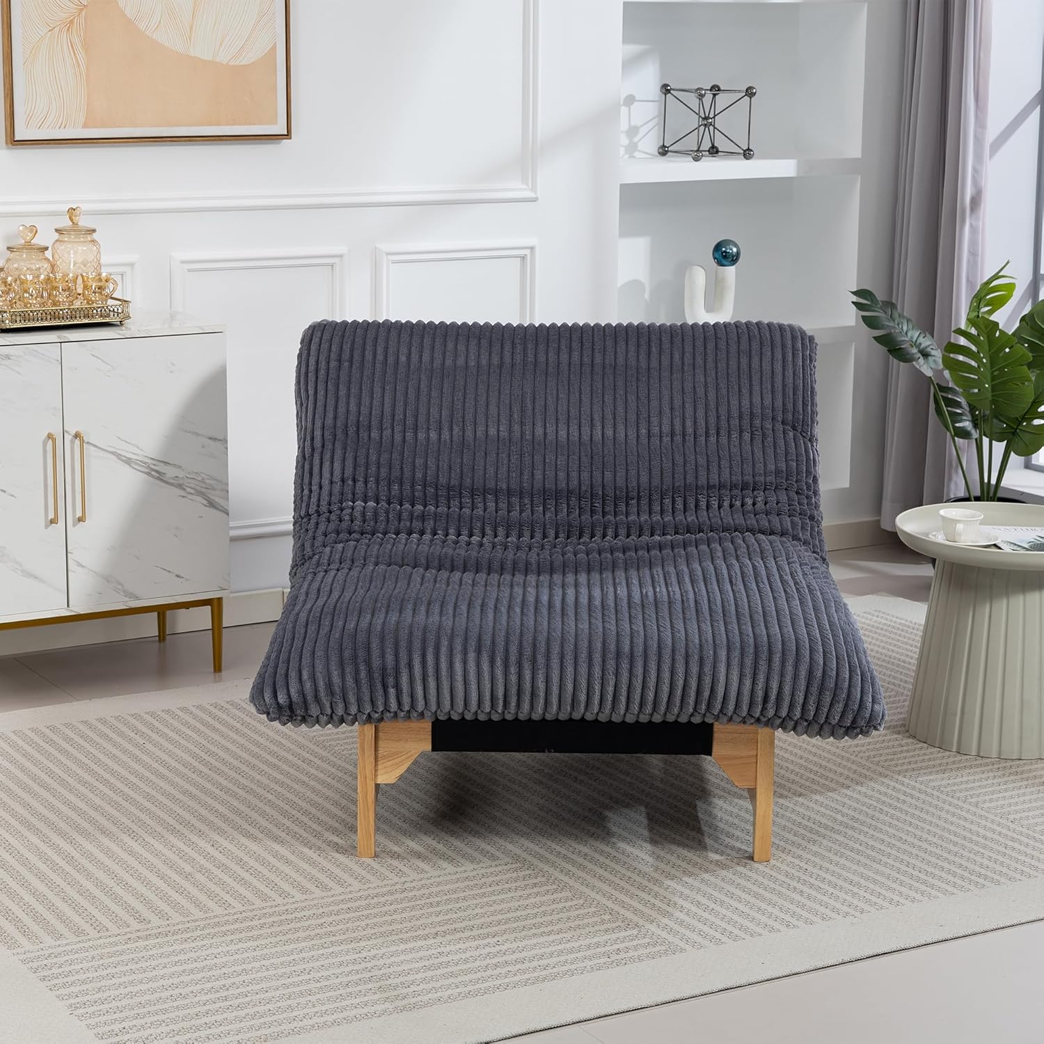 ERYE Wooden Armless Lazy Accent Sofa Chaise, Comfy Corduroy Fabric Chaise Lounge Deep Seat Lounge Chair for Living Room Bedroom