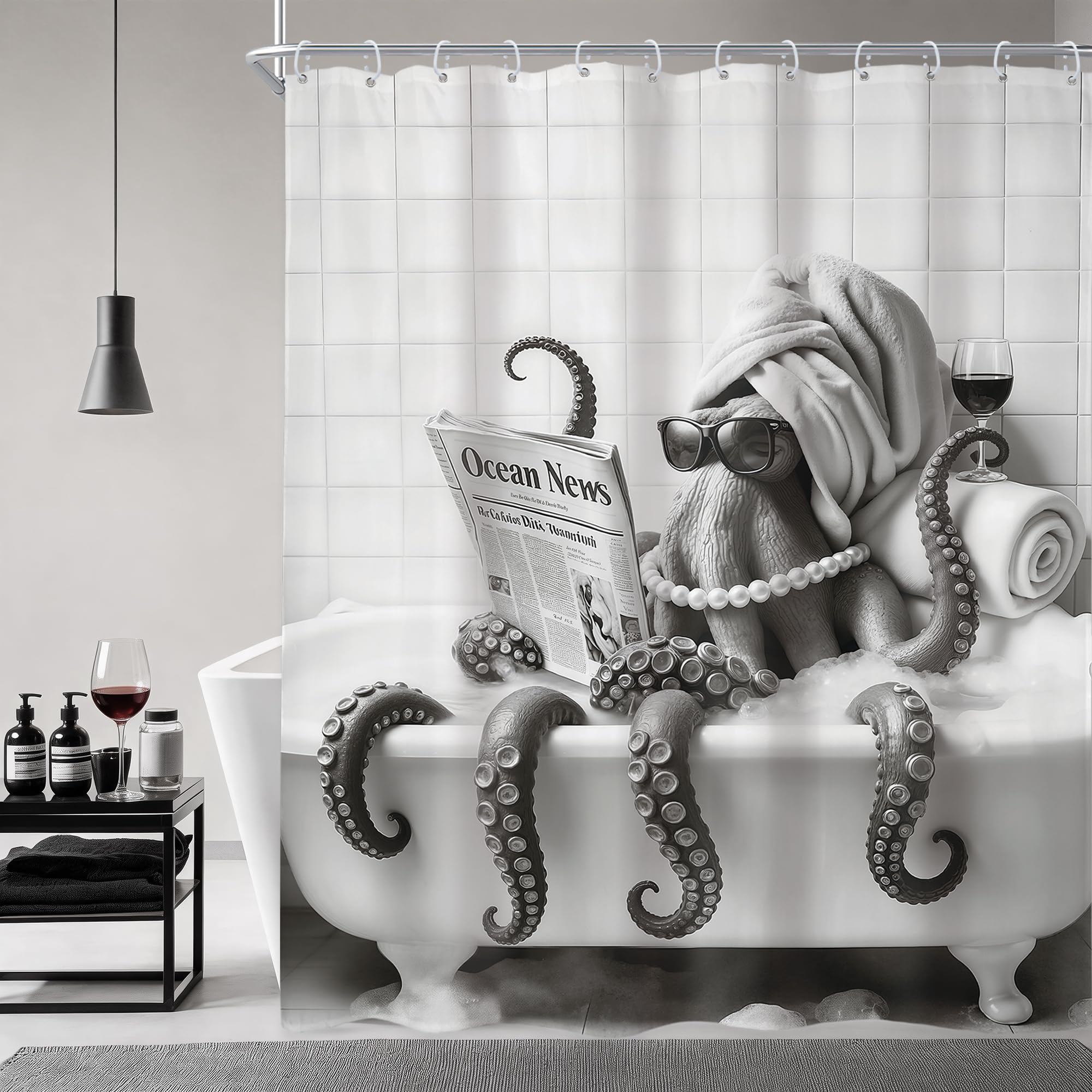 Octopus Black White Funny Reading News Bathtub Bathroom Shower Curtain Set — image 1