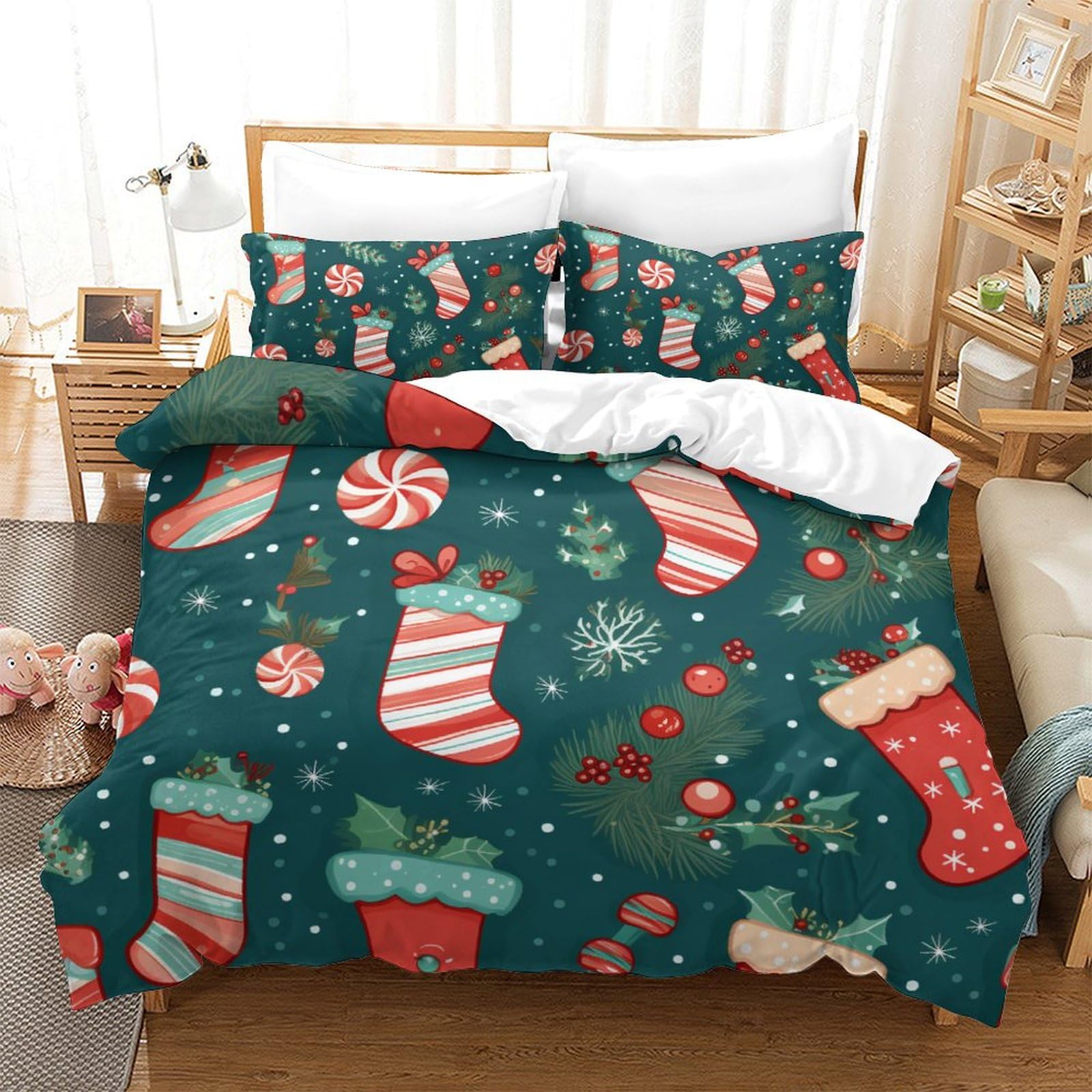 Christmas Socks 3D Printed Quilt Cover Set 3 Pieces Bed Duvet Set Soft Microfiber with Zipper Closure,Pillowcases for Teens And Adults King(220x240cm) — image 1