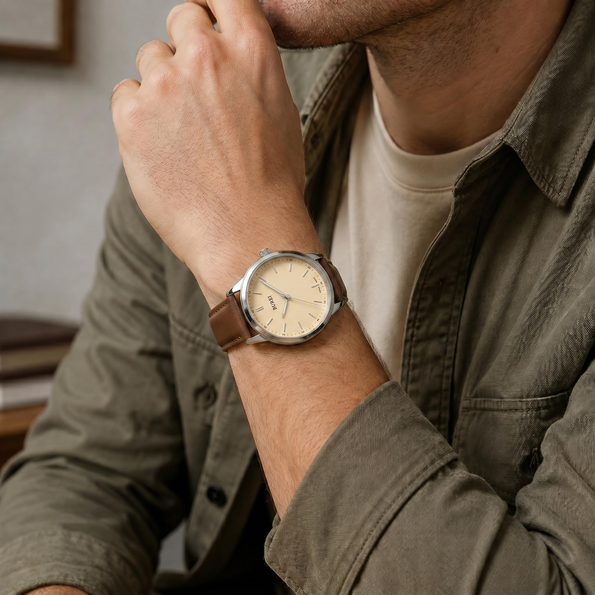 BUREI Relojes de hombre de moda minimalistas relojes de pulsera para hombre de cuero marrón reloj analógico con caja delgada Relojes para hombre (blanco crema y marrón)