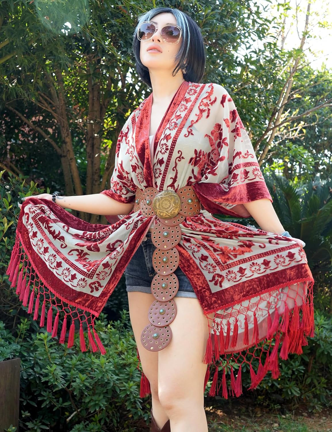 Women's Burnout Velvet Kimono Long Cardigan Cover Up With Tassel - Image 3