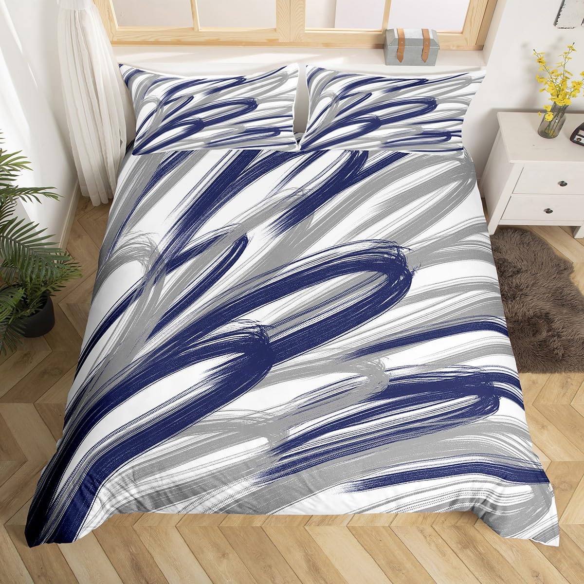 Homemissing Kids Luxury Stripes Bedding Set Double Size Geometric Comforter Cover Set Boys Girls Modern Striped Art Duvet Cover Farmhouse Navy Blue Grey Stripes Bedspread Cover(No Comforter)