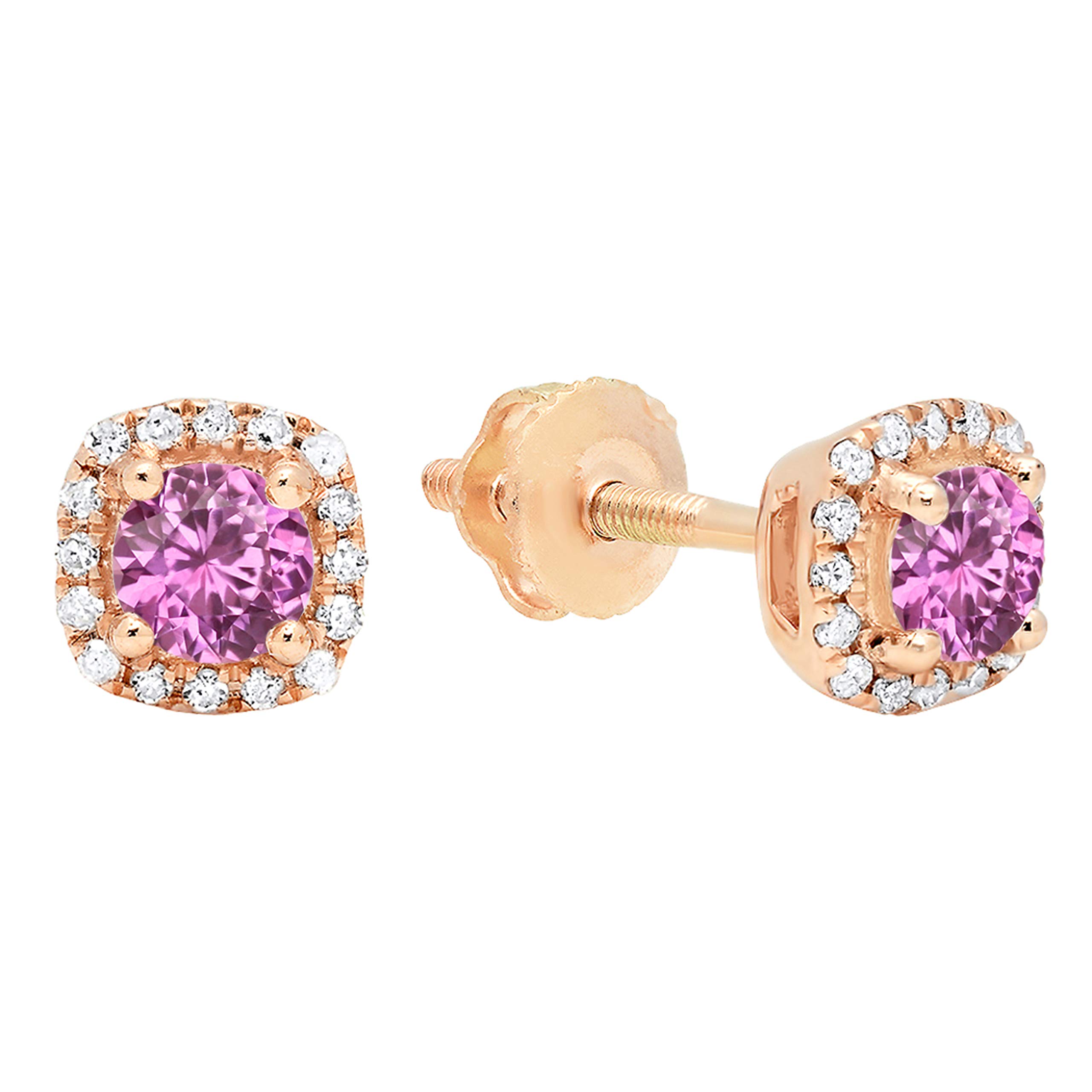 Dazzlingrock Collection 3.50mm Center Round Pink Sapphire & White Diamond Halo Style Stud Earrings for Women in 10K Solid Rose Gold in Screw Back