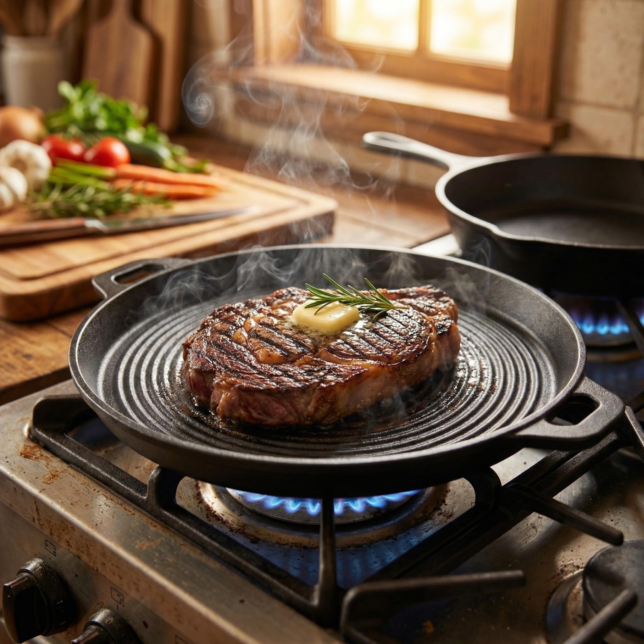 MIJOMA Sartén parrilla de 40,5 cm – para carne, verduras y barbacoas – Hierro fundido con estructura acanalada – Sartén redonda con asas para cocina horno y barbacoa