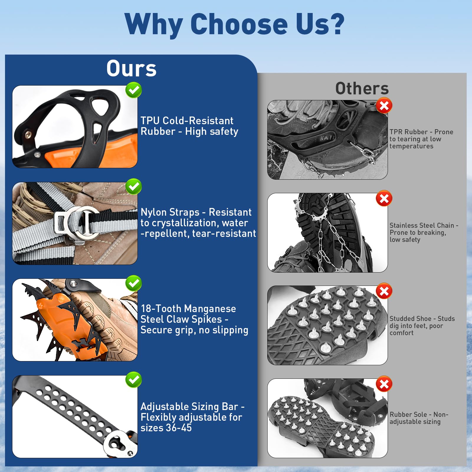 18 Dientes Crampones,Crampones para Botas,Tacos de Hielo Tracción con Cadena de Acero Inoxidable Antidesilisantes,para Caminar, Senderismo, Escalada, Pesca y Montañismo