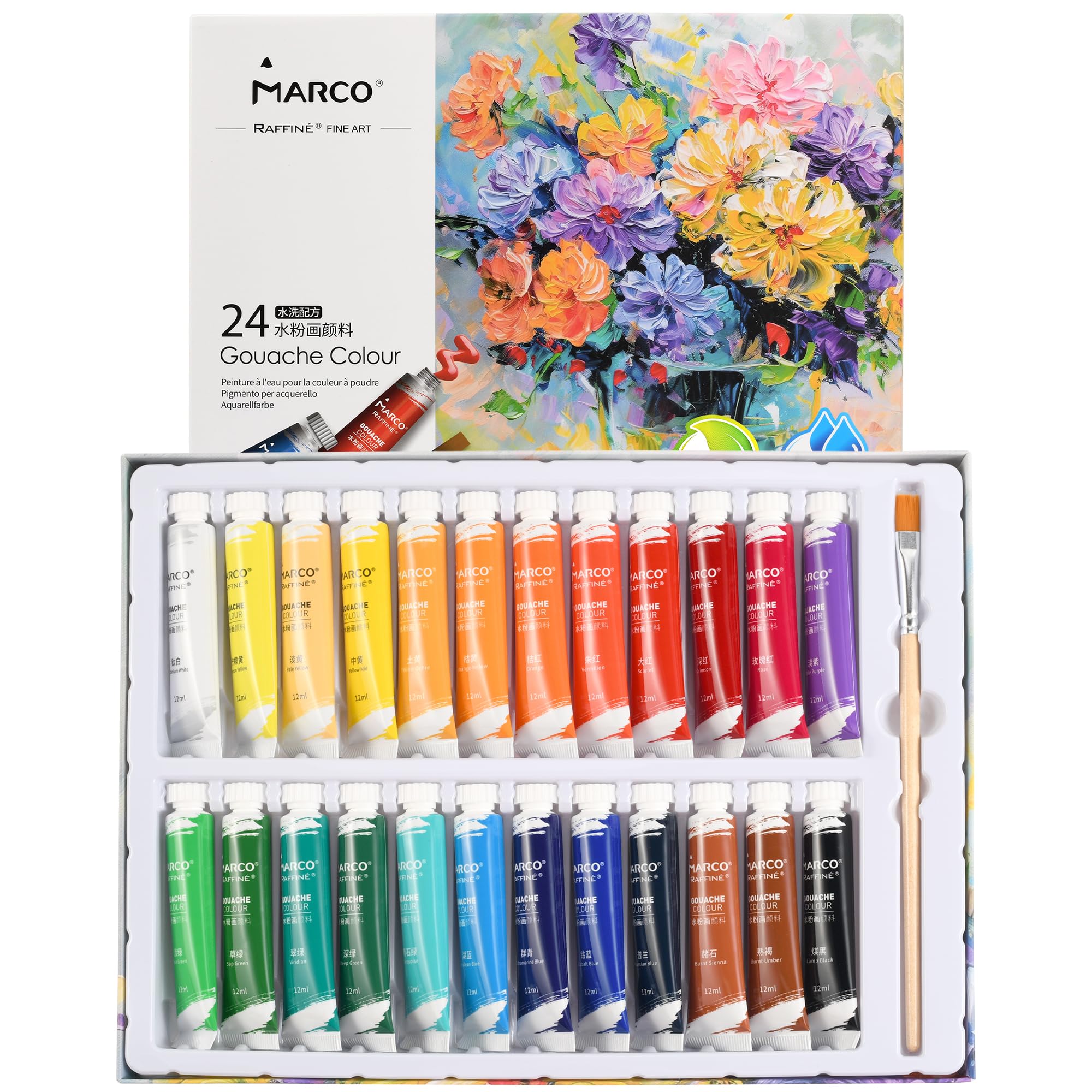 絵の具、その他画材、まとめ売り Amazon | Marco 水彩絵の具 24色セットブラシ付き ガッシュ 水彩 速乾