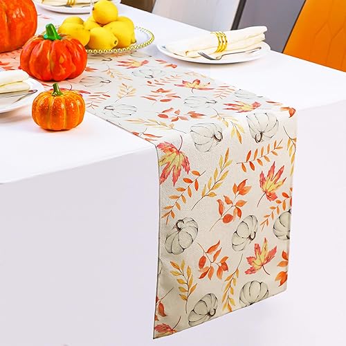 Miniatura 7 de Snowkingdom Camino de mesa de otoño de calabaza naranja, hoja de arce de otoño, camino de mesa de Acción de Gracias para vacaciones, cocina,