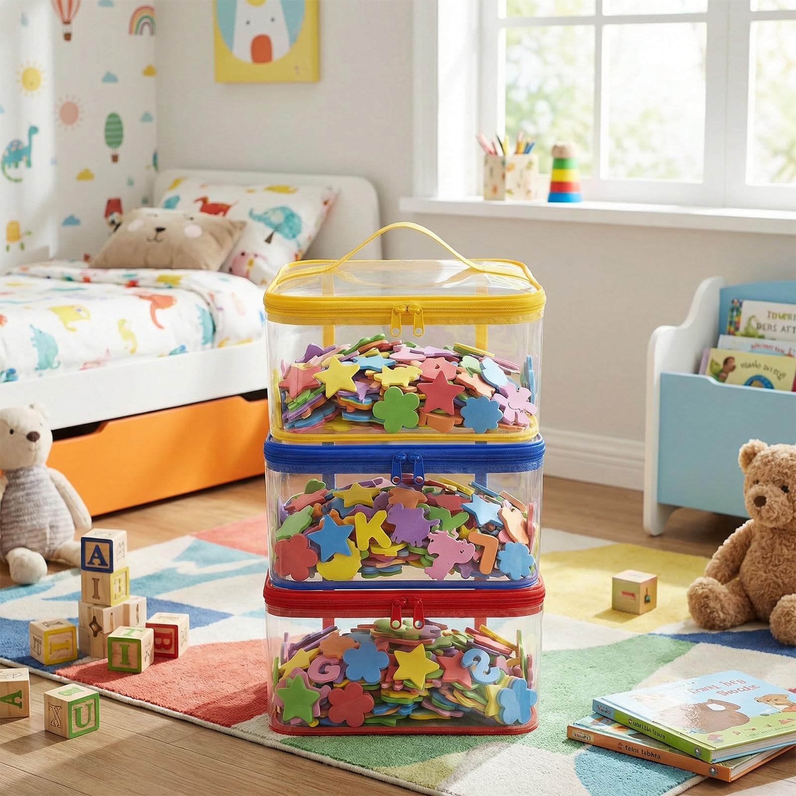 3 bolsas organizadoras de almacenamiento de juguetes transparentes de PVC con asa de doble cremallera, fáciles de limpiar para bloques de construcción, juguetes pequeños, rojo, amarillo y azul