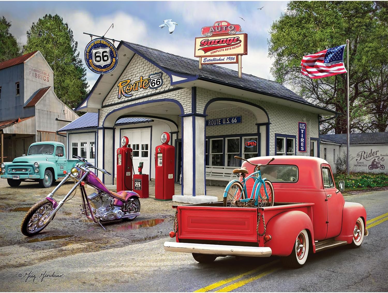 Bits and Pieces 1000 Piece Puzzles for Adults - Nostalgic American Gas Station - - Large 20" x 27" Jigsaw Puzzles 1000 Pieces Vintage Cars Summer Scene, No 2 Pieces Alike