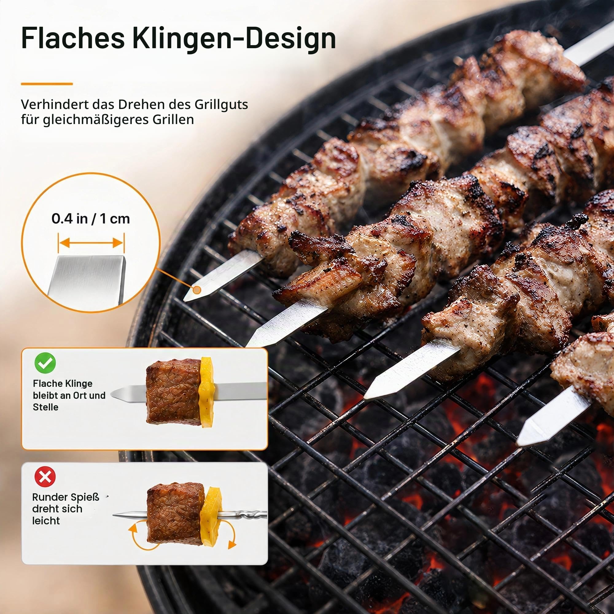 IMEEA Grillspieß 60cm Kebab Grill Spieße Edelstahl Schaschlikspieße10 Stück
