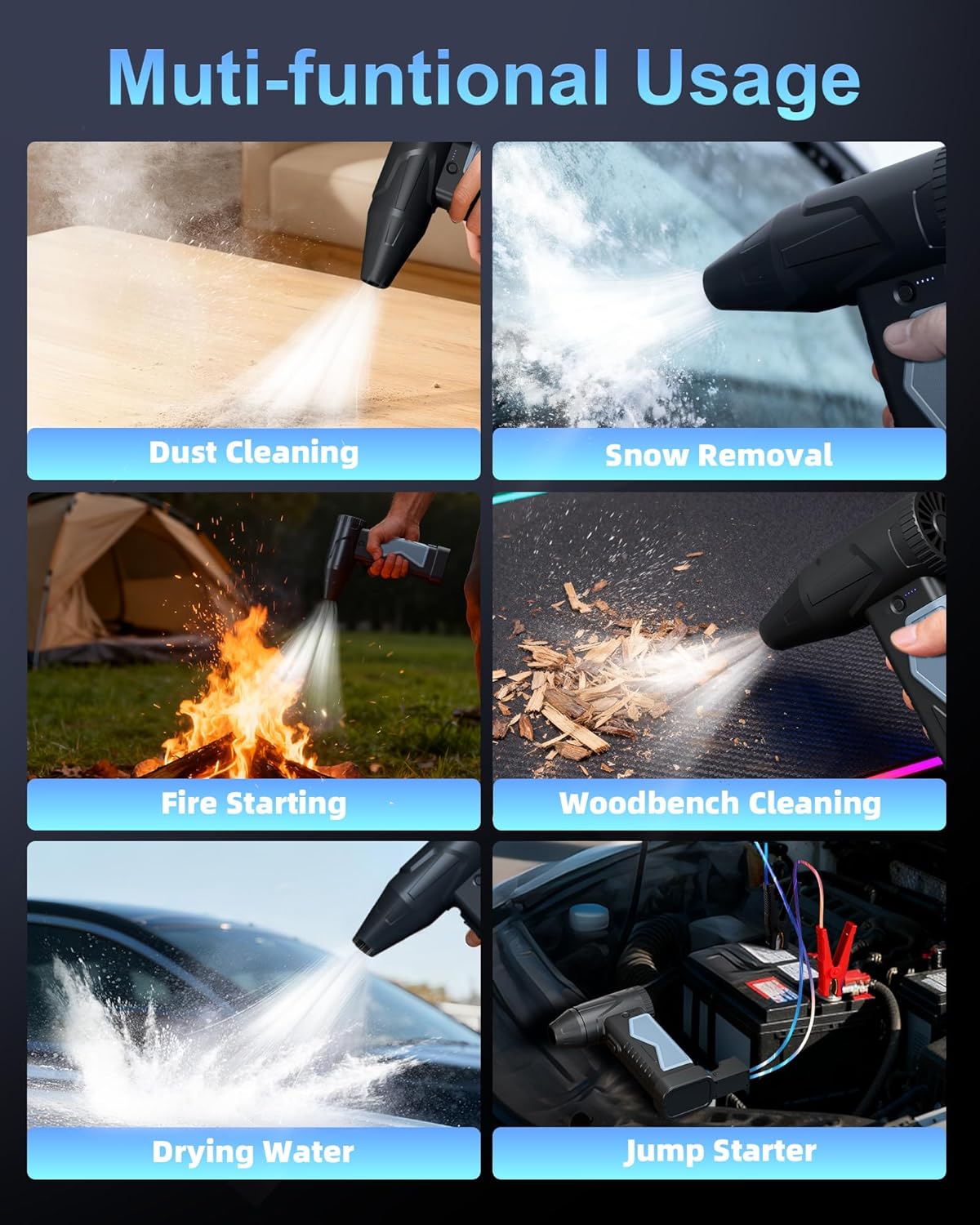 Macson 150000RPM Compressed Air Duster & Air Blower, 3-in-1 High-Speed Electric Air Duster with 6000A Jump Starter, Air Duster Rechargeable Battery Booster with LED Light for Home Car Cleaning