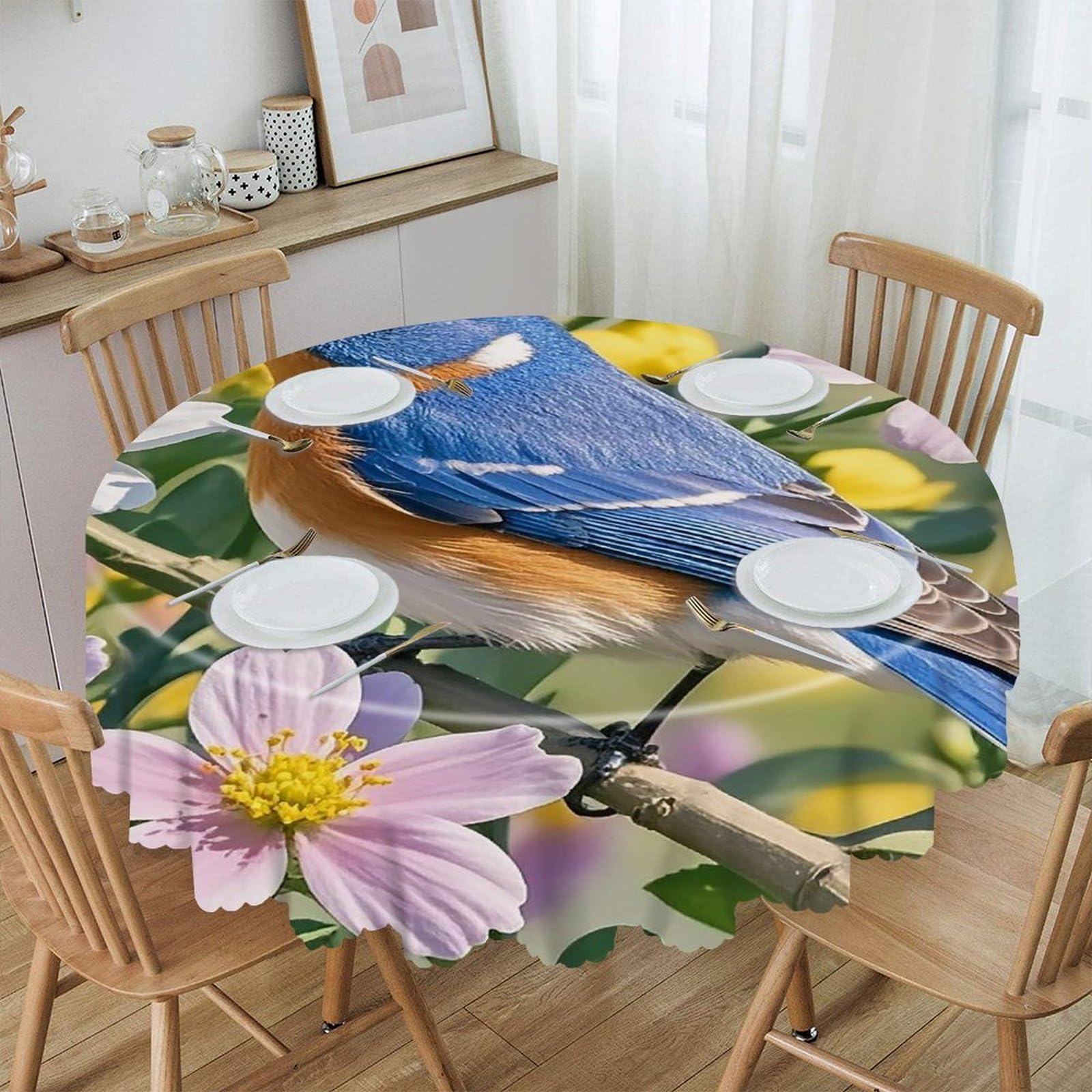 FekiLoot Bluebird and Flowers Round Tablecloth 60 Inch Waterproof Heavy Duty Table Cloth Spillproof Washable Table Cover Wrinkle Resistant Tablecloths Decorative Table Cloths