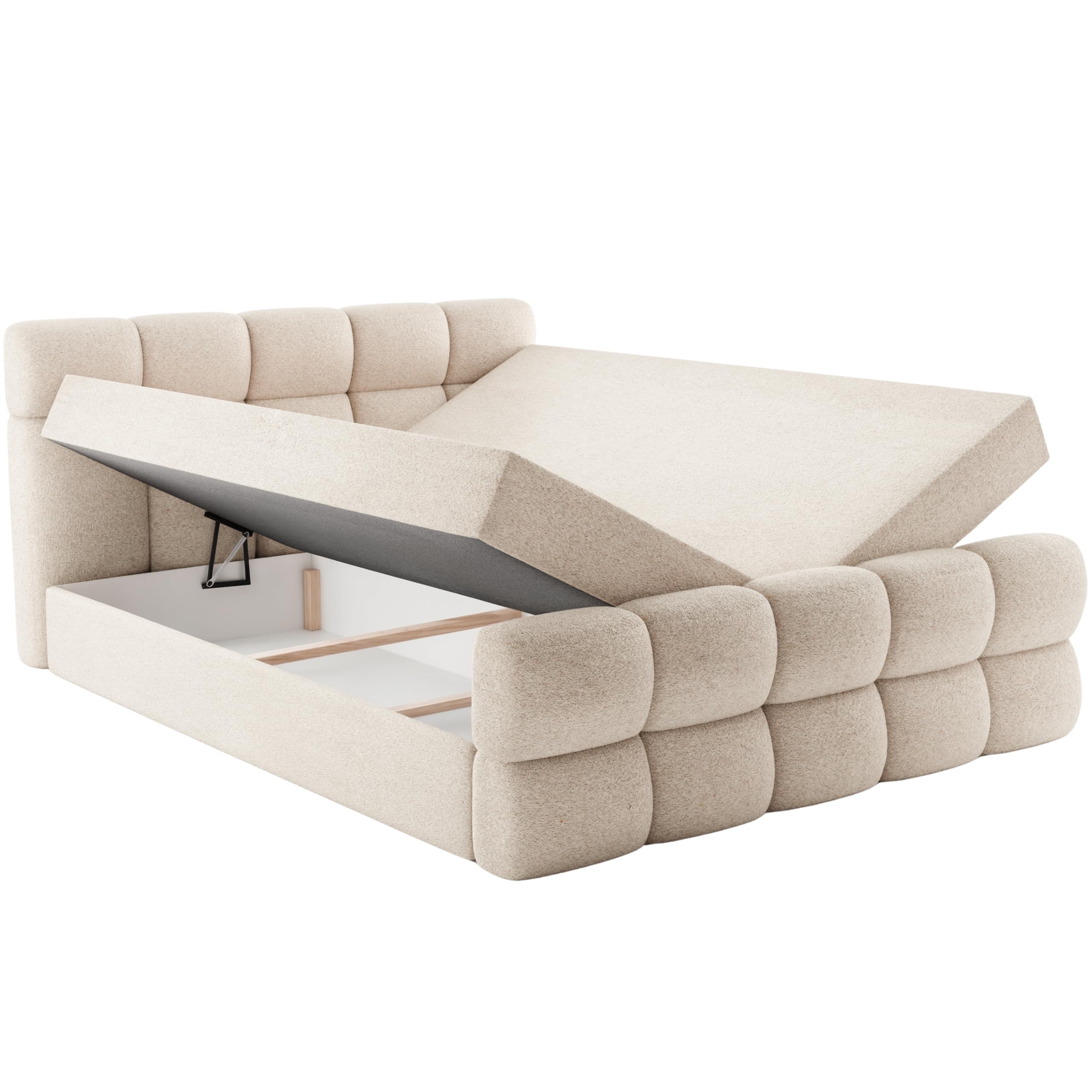 Boxspringbett mit 2 Bettkästen, Taschenfederkernmatratze und Topper, Gepolstertes Doppelbett mit Kopfteil und Fußteil, Bouclé-Stoff, Polsterbett Leo (Anthology 03, 160 x 200 cm)