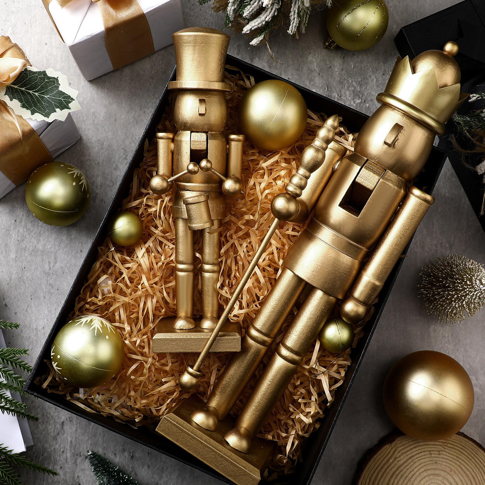 Nussknacker-Ornamente, 38,1 cm, 25,4 cm, traditionelle Nussknacker-Figuren, Weihnachtsdekoration, Soldat, festliches Sammlerstück, Geschenk für Tisch, Kamin, Zuhause (Gold, Holz), 2 Stück