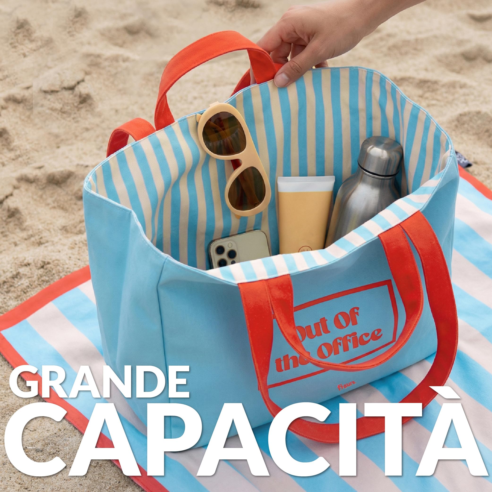 Fisura – Borsa mare “Out of the office”, tote bag donna XXL in cotone reversibile a righe blu, shopper grande per spiaggia, viaggio o spesa, 36 x 31,5 cm