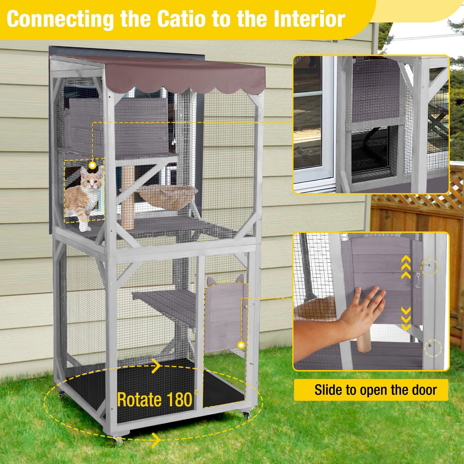X-ZONE PET Catio Outdoor Cat Gehäuse auf Rädern Indoor Kitty Haus mit Katzenbett, Kratzbaum, springende Plattformen, wasserdichtes Dach (grau) 80CM/Lx80CM/Wx182.5CM/H