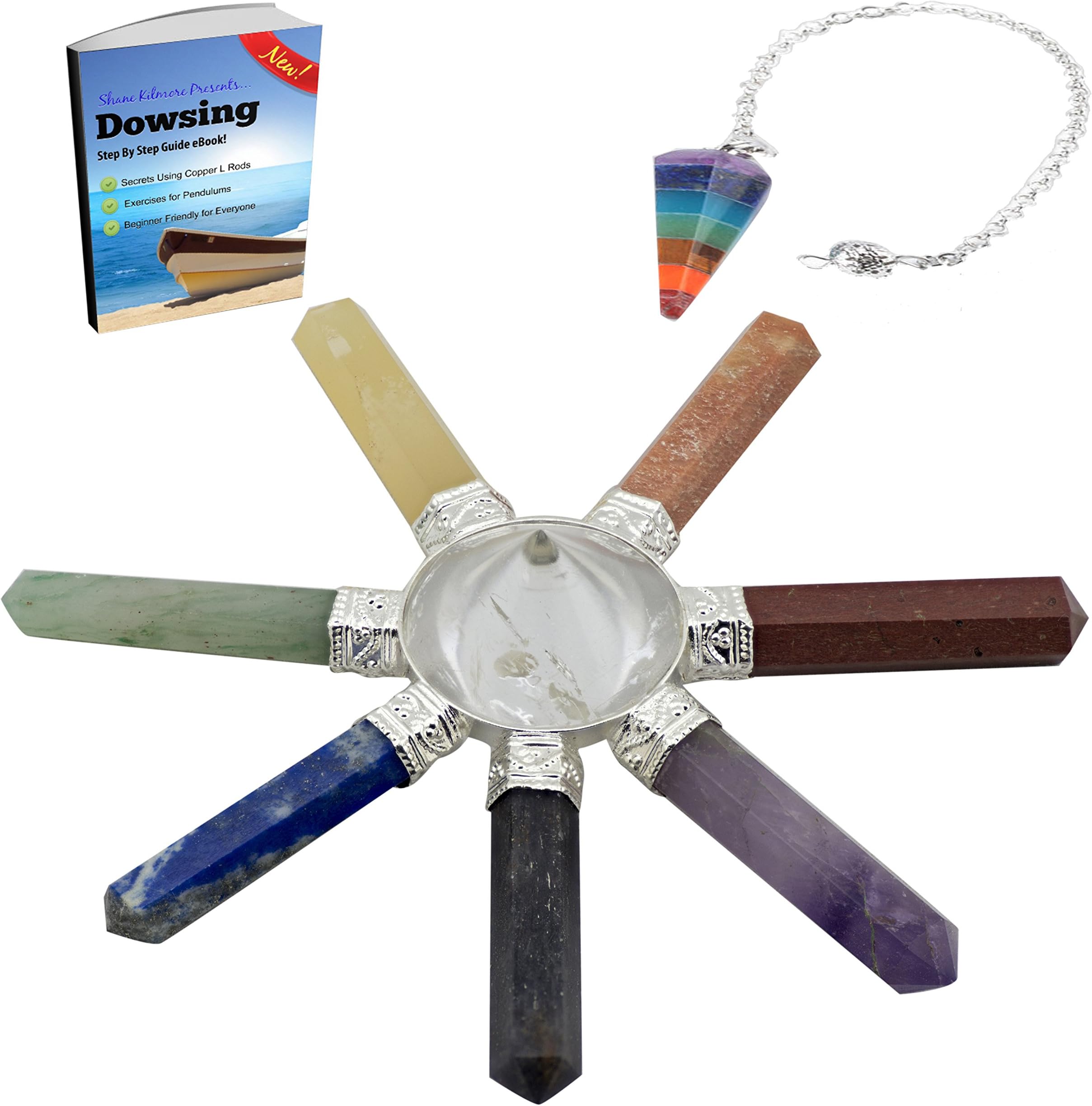 CK Crystal Multi-Stone Chakra Energy Generator with Chakra Stone Pendulum and Free eBook for Dowsing