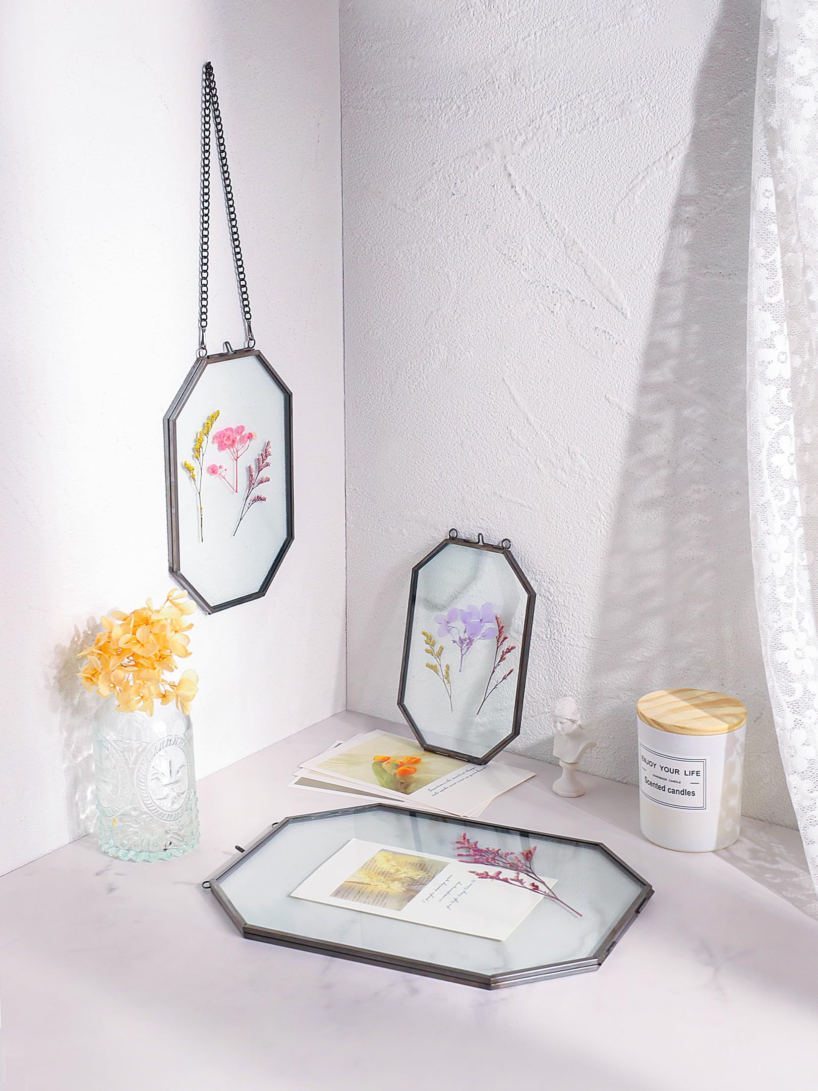 REDHUGO gepresste Blumenrahmen, schwebende Glasrahmen zur Präsentation von getrockneten Pflanzenspezimen, hängender Messing-Fotorahmen mit Kette, doppelt klares Glas, Vintage Wanddekoration, Achteck