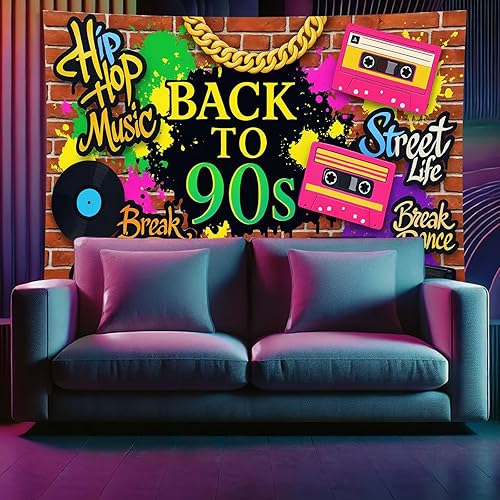 Miniatura 3 de Starlit Patio Tapiz de hip hop de los años 90 para colgar en la pared, telón de fondo de graffiti de la vieja escuela, 78 x 59 pulgadas, casete de