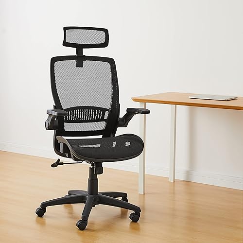 Miniatura 2 de Amazon Basics Silla ergonómica de escritorio con respaldo alto, cómodos reposabrazos abatibles, asiento de malla contorneada, giratorio, negro, 25.5