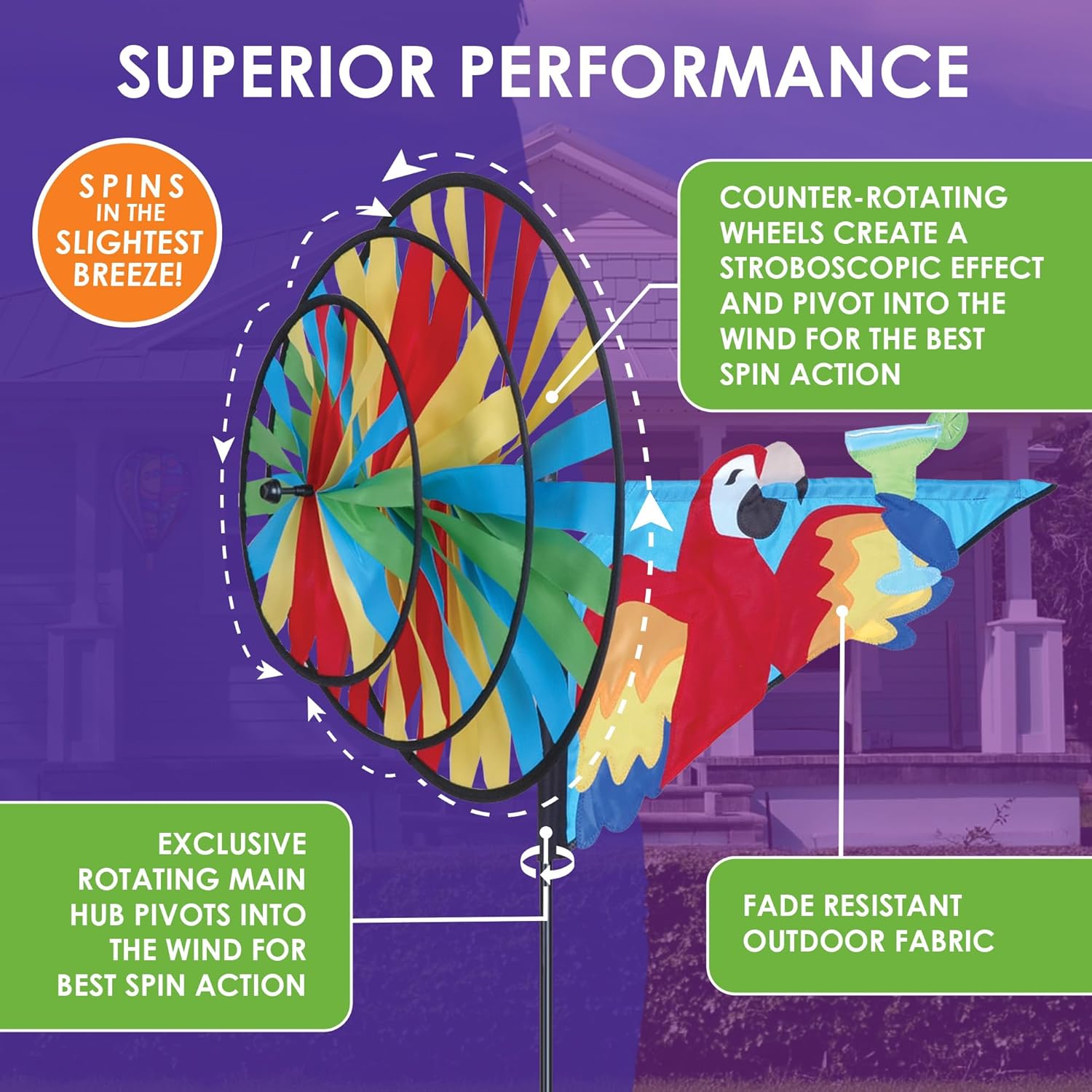 Premier Kites Triple Spinner 5 O’Clock Somewhere – Eye-Catching Parrot Garden Spinner with Colorful Triple Wheels, Durable Weather-Resistant Fabric, Easy Assembly, Fun Outdoor Décor for Patios & Lawns