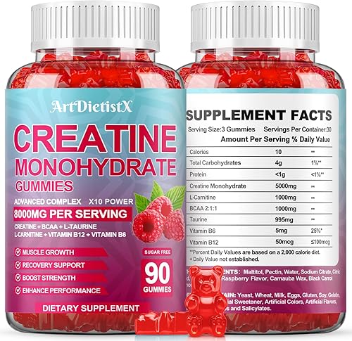 Gomitas de monohidrato de creatina de 8000 mg con BCAA, L-carnitina, taurina y vitamina B12 - Suplemento preentrenamiento para crecimiento muscular,