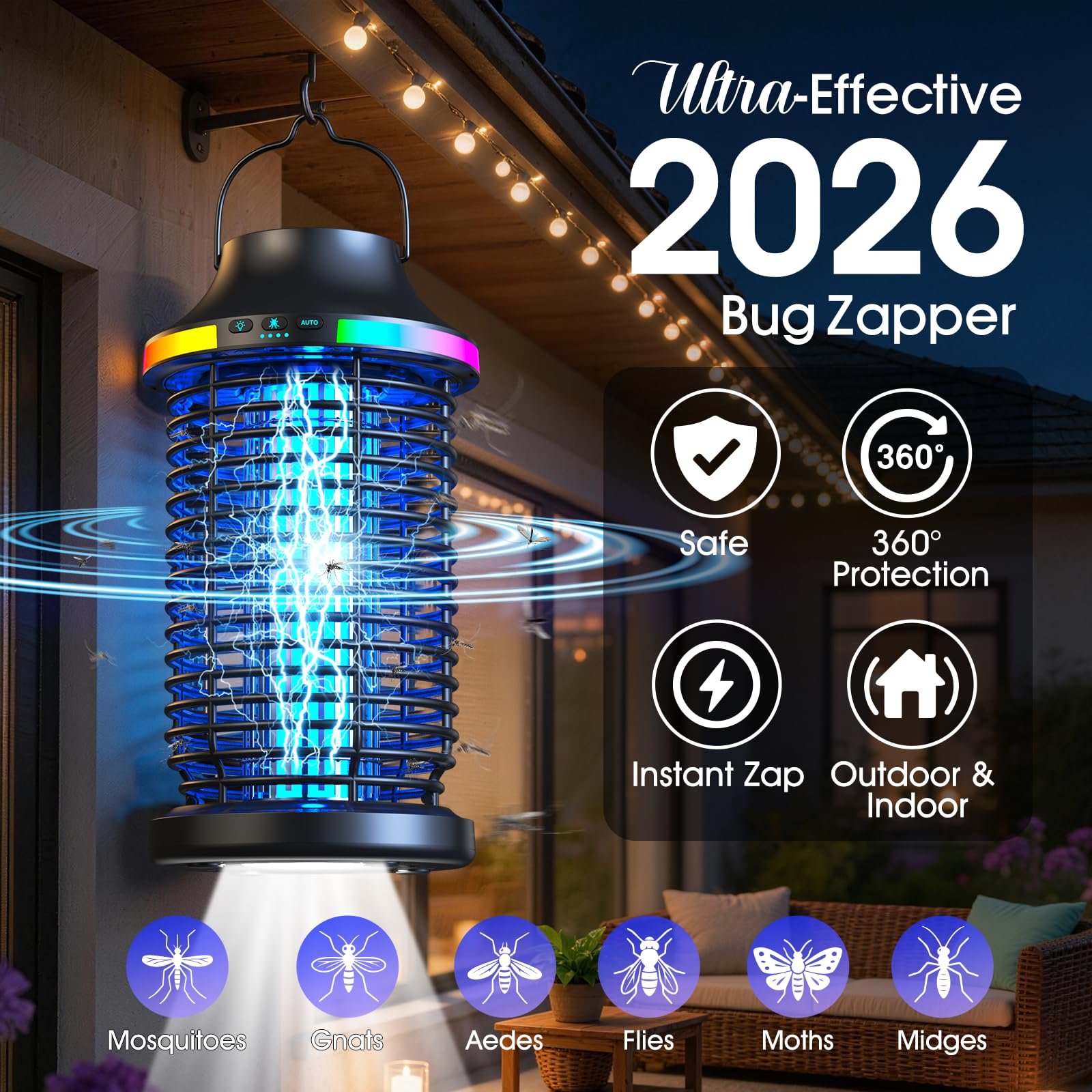 Eliminador de insectos para exteriores, inalámbrico, 2026, 4200 V, eléctrico, 5 en 1, recargable, para exteriores, impermeable, con batería de 5000 mAh, matamoscas portátil para patio, camping