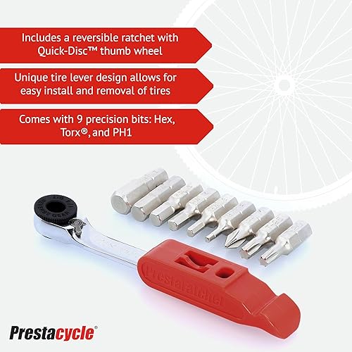Miniatura 3 de Prestacycle Prestaratchet GO 5 en 1 Kit de herramientas múltiples para bicicleta, llave de trinquete, palanca de neumáticos, removedor de eslabones