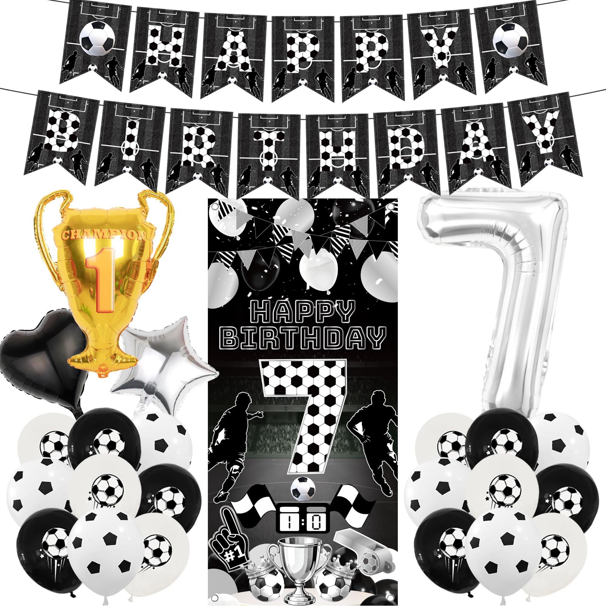 Football 7th Birthday Decorations Banner - 25 Pcs Pre-Strung Black Silver Birthday Banner Number Trophy Balloons Sports Backdrop Door Decor For Kids Boys 7 Year Old Football Themed Party Supplies
