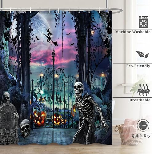 Miniatura 6 de Renaiss Juego de cortina de ducha de Halloween de 72 x 72 pulgadas, diseño de esqueleto, cementerio, puerta de hierro, cortina de ducha de baño,