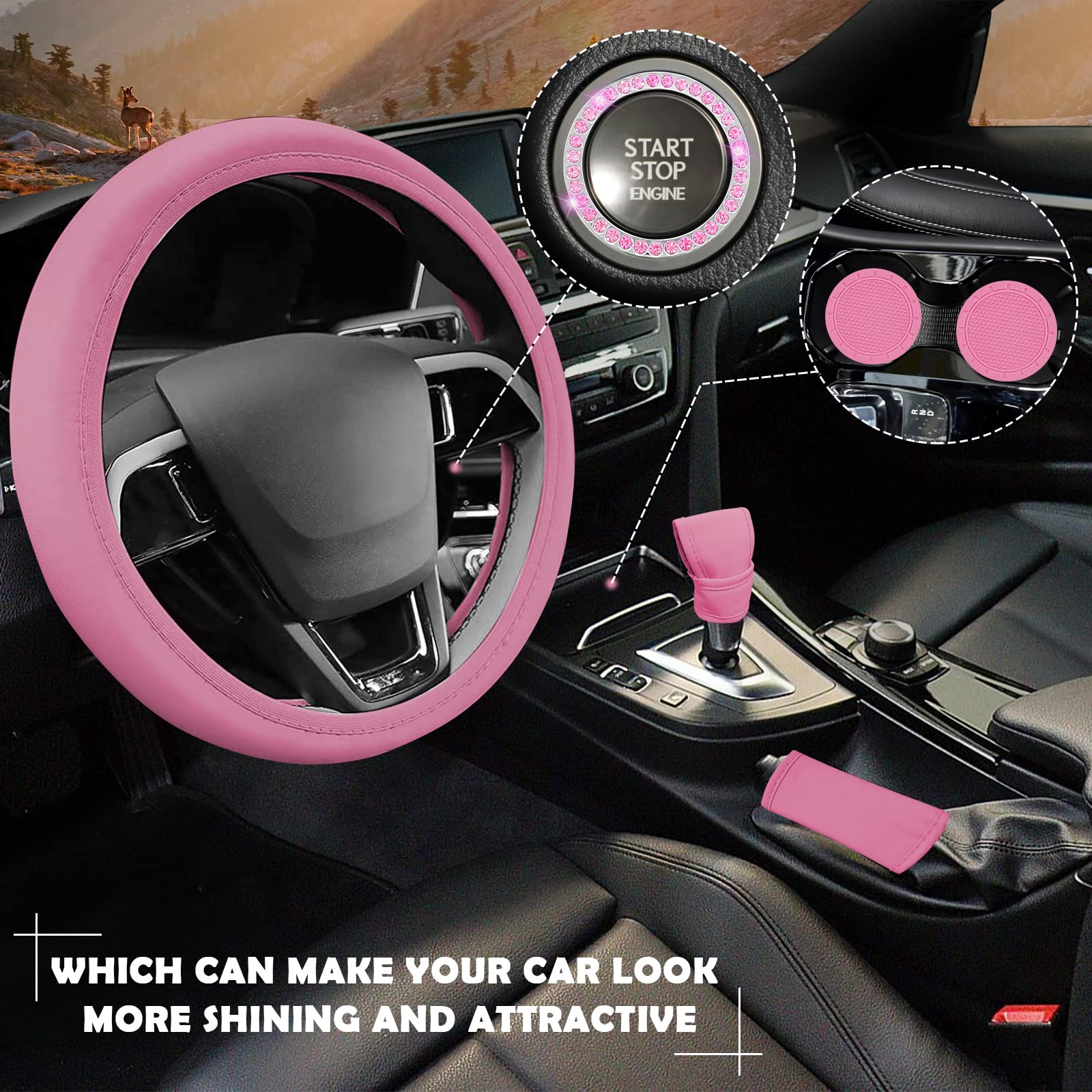 Kit Completo Decorazione Auto Peluche Rosa | Coprivolante, Freno A Mano E Cambio In Finta Pelliccia | 45 Accessori Universal Fit