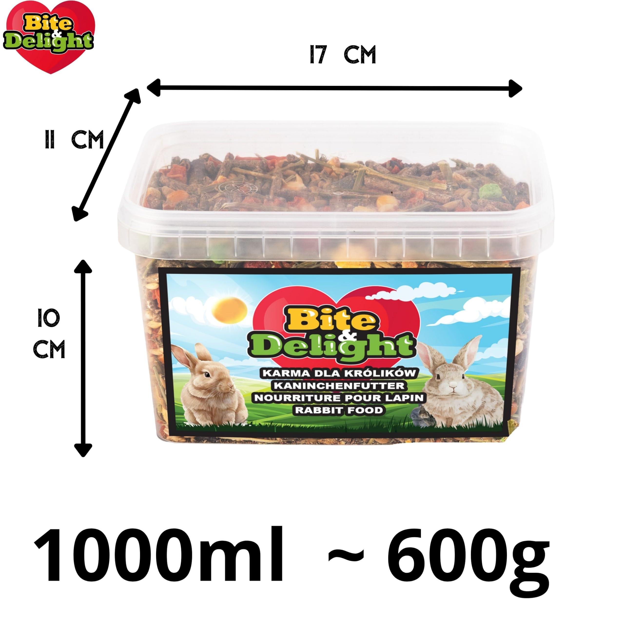 Bite & Delight Kaninchenfutter - Strukturmüsli - Hasenfutter für Zwergkaninchen - Förderung der Verdauung, ohne Zusatz von Zucker und Getreide - Strukturfutter mit Kräuter - 1000 ml 0,6kg
