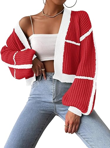 COZYEASE Women's Color Block Crop Cardigan Top Bishop Long Sleeve Striped Open F
