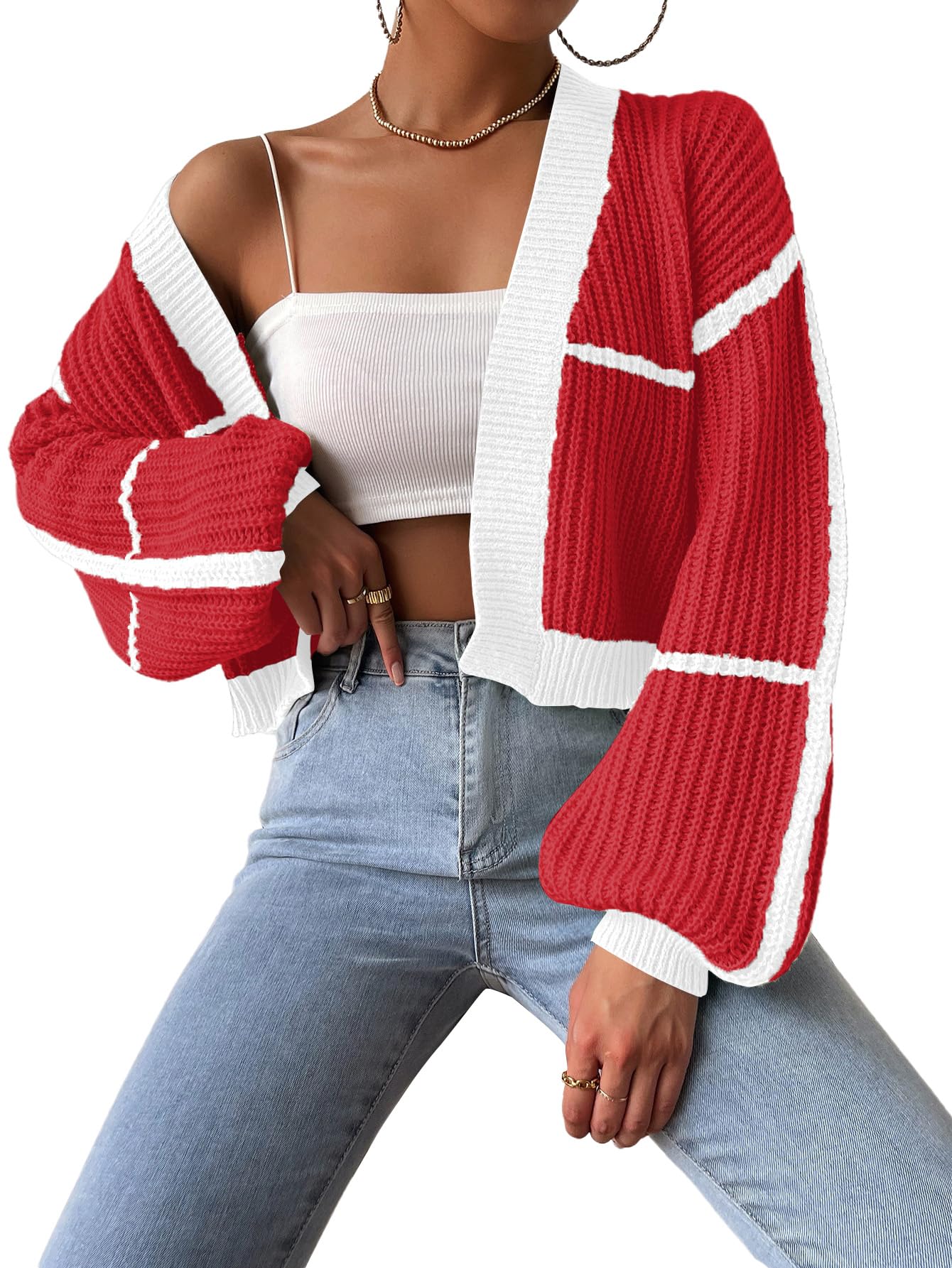 COZYEASE Womens Color Block Crop Cardigan Top Bishop Long Sleeve Open Front Sweater