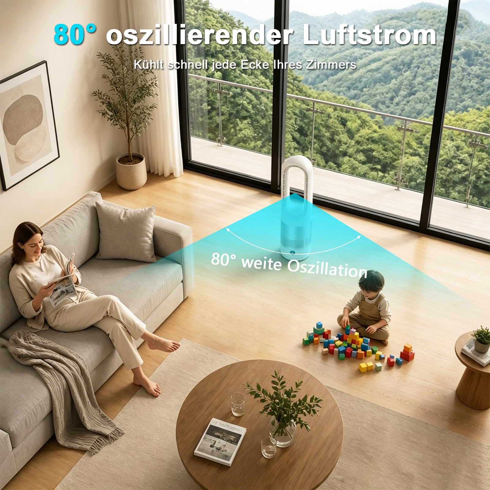 Rotorloser Ventilator mit Fernbedienung, cooling ace Lüfter, Luftkühler, mobiles Klimagerät, 8 Gänge, 80° Oszillation, 8H Timer, Energiesparend Bladeless Fan für Schlafzimmer Zuhau