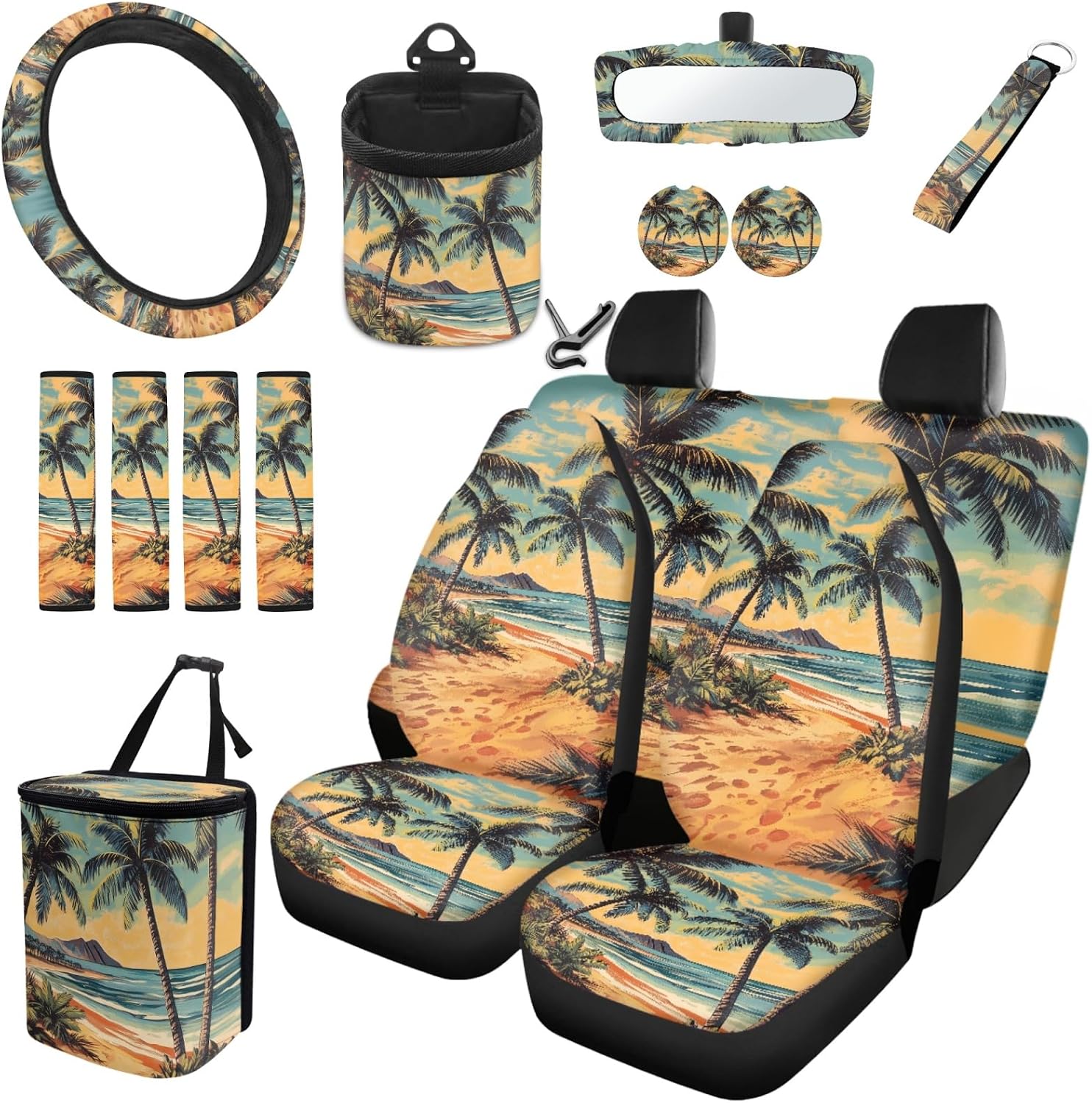 CLOHOMIN Seaside Car Seat Cover Set with Steering Wheel Cover Coconut Tree Seat Belt Covers Trash Can Air Vent Phone Holder Rear View Mirror Cover Cup Coasters Key Chain 15 PCS Auto Accessories