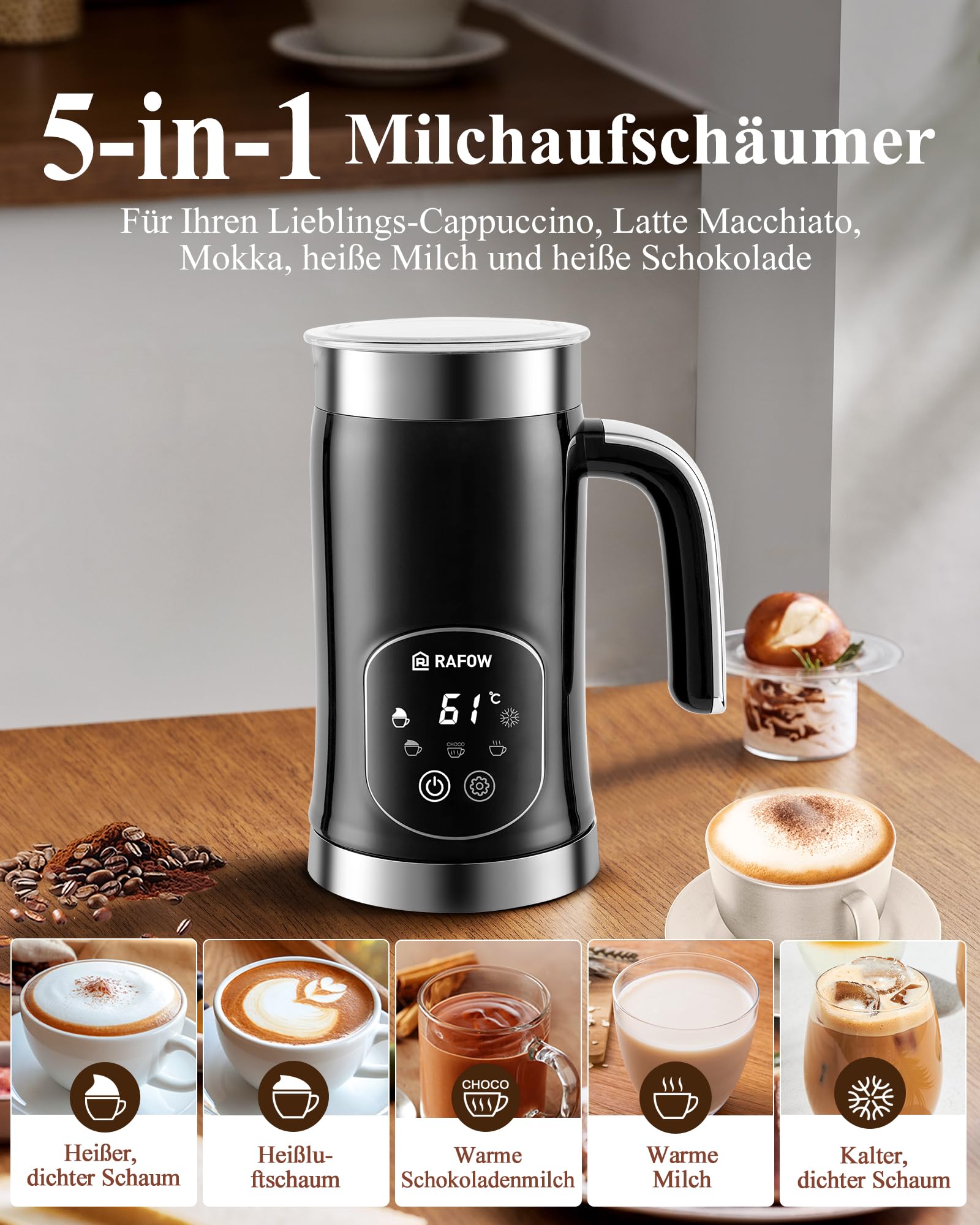 Rafow i 1 Mousseur à lait électrique – Mousseur à lait automatique 350 ml Grande capacité Vapeur pour lait chaud et froid Mousse de lait chaud Lait au chocolat Latte Cauccio Noir
