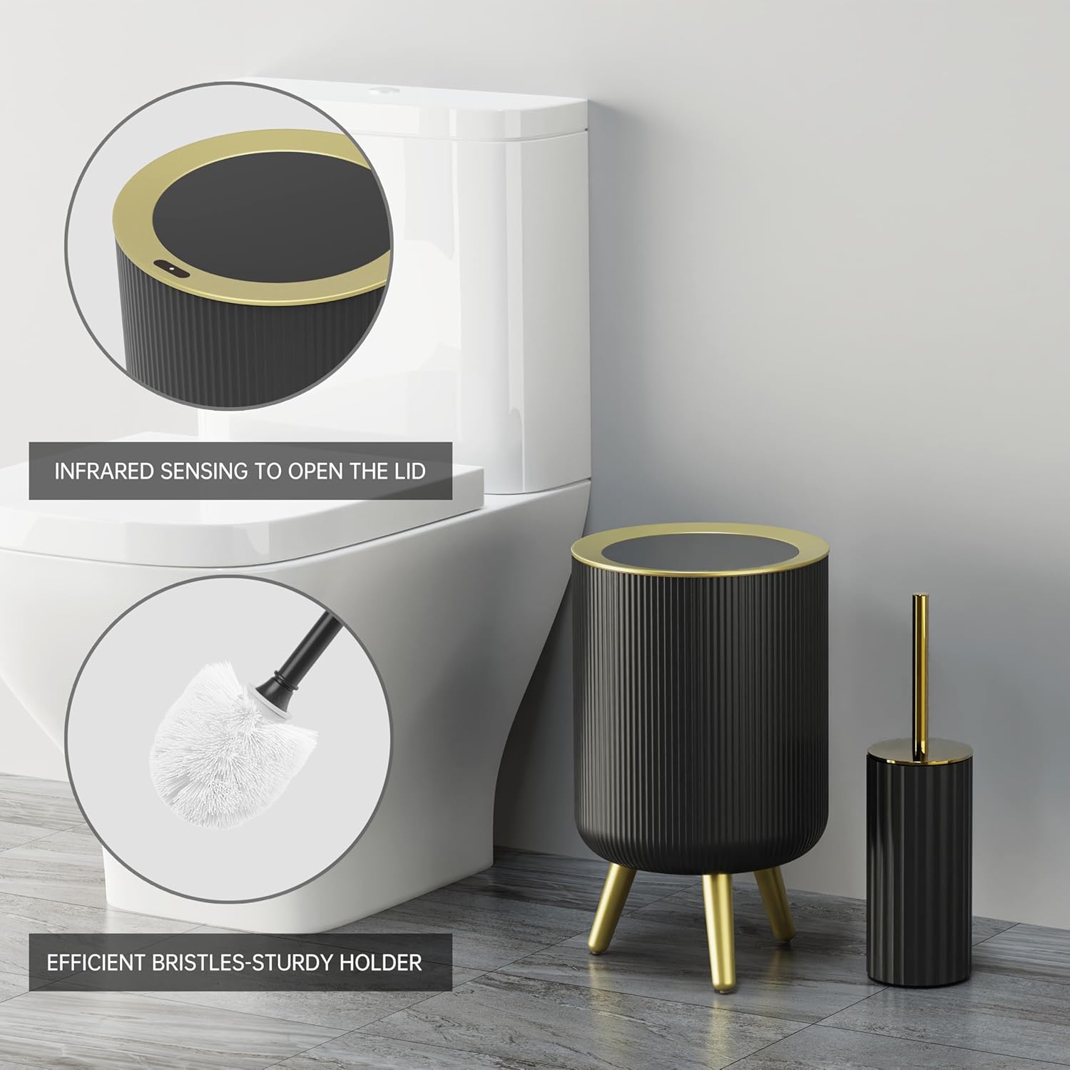 URALFA Bathroom Accessories, 8 PC Black Bathroom Set with Motion Sensor Trash Can, Toothbrush Holder, Toothbrush Cup, Lotion Dispenser, Toilet Brush, Soap Dish, 2PCS Qtip Holder