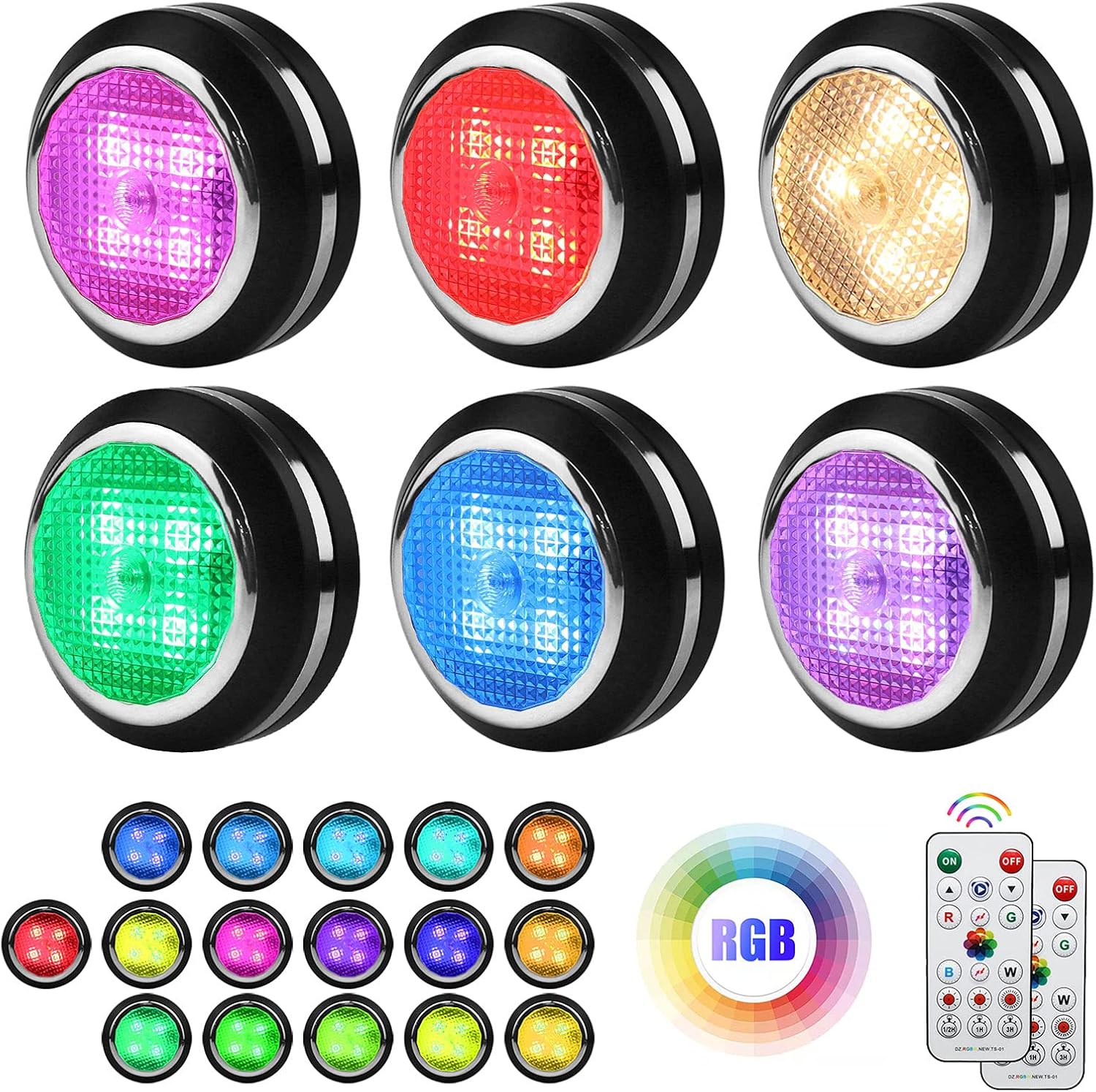 MFOX Battery Lights Under Cabinet Lighting, Puck Lights with 2 Remote Control 6 Pack and LED Color Changing Wireless Ceiling Light with Timer, Dimmable Closet Lights, Led Lights for Bedroom.