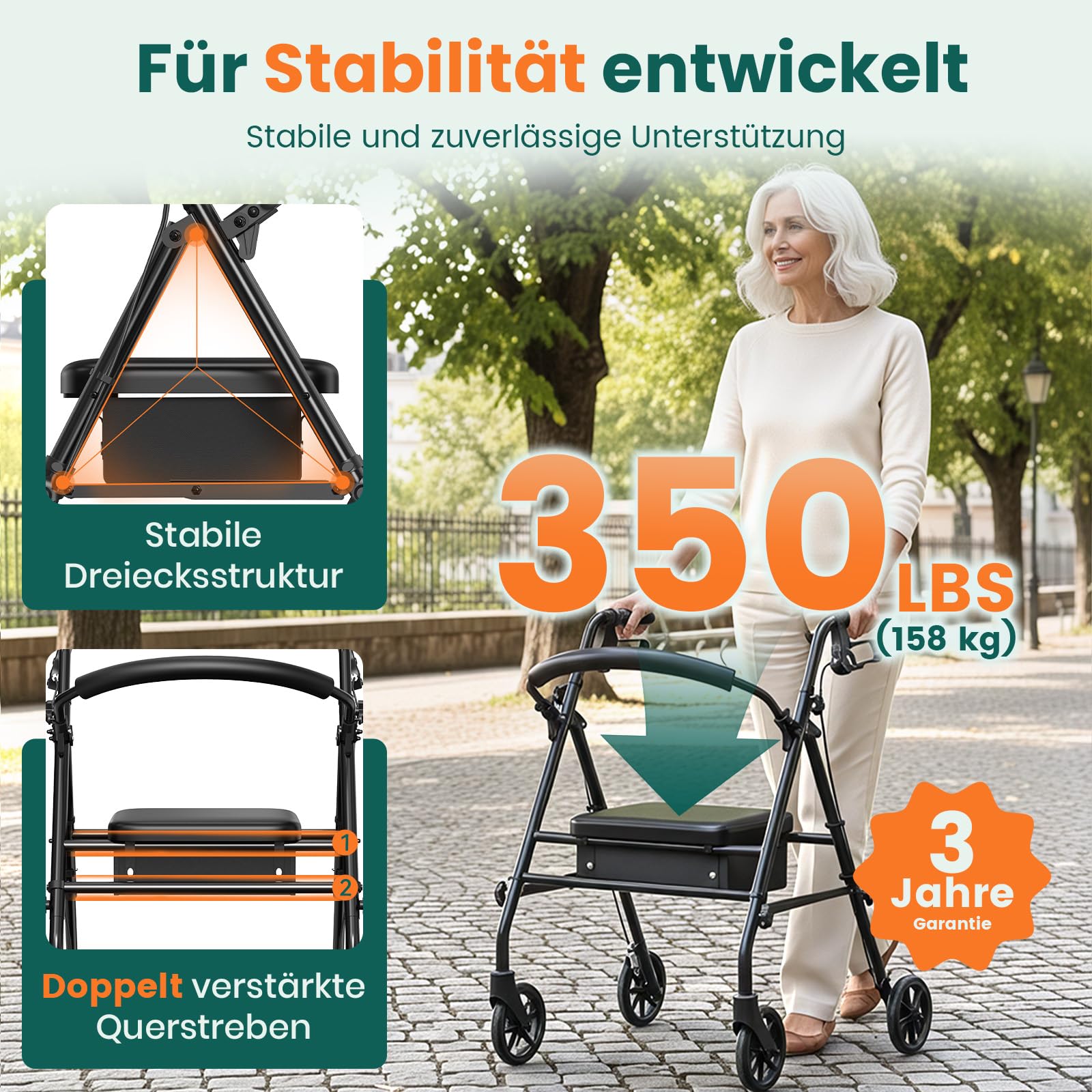 Rollator mit Sitz und Stauraum – leichter, faltbarer 4‑Rad Gehwagen mit Rahmen für Senioren und mobilitätseingeschränkte Personen, für Innen‑ & Außenbereich, Schwarz