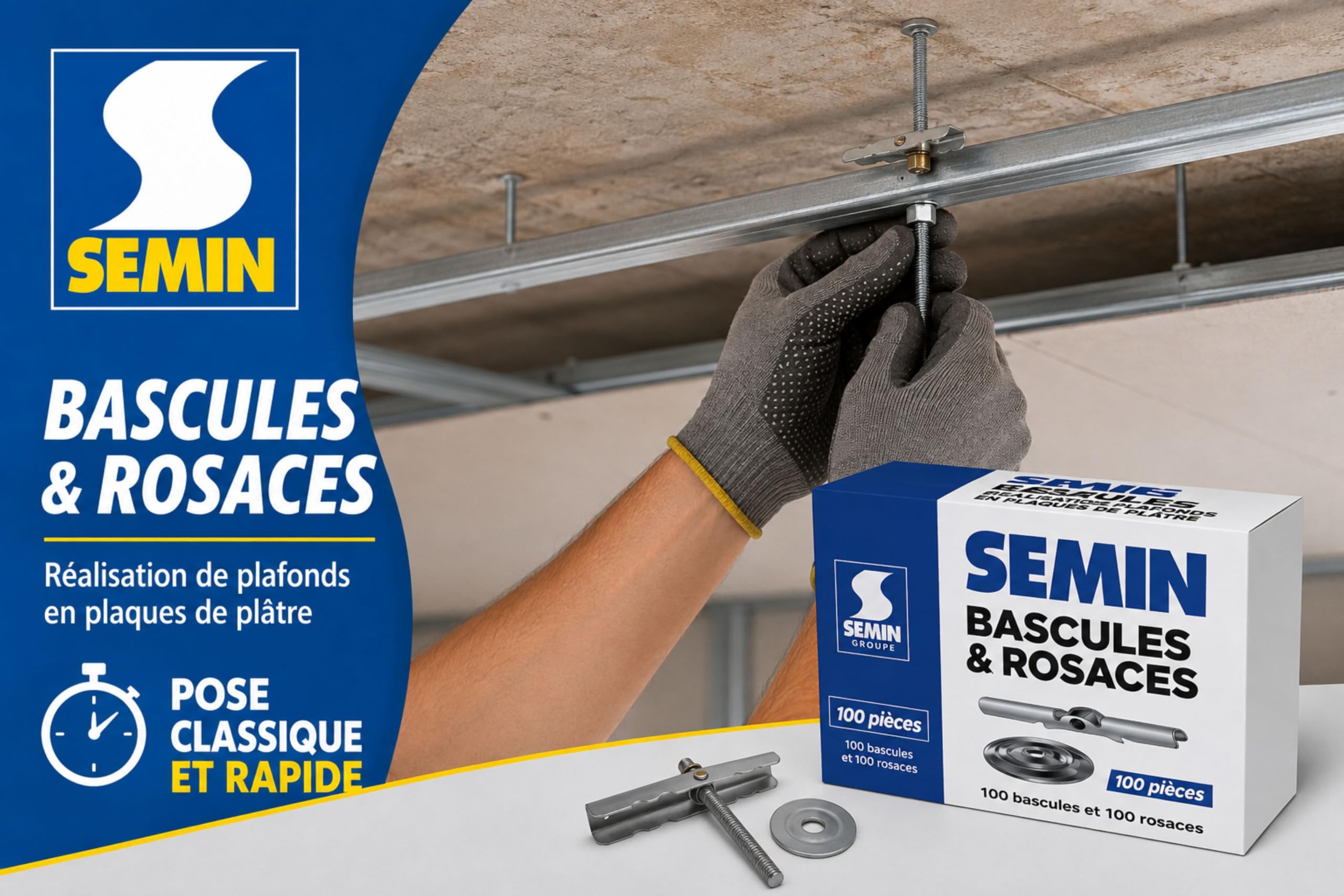 SEMIN Rosace et Bascule Plafond Suspendu - Boîte de 100 Pièces - Accessoire de Fixation pour Plaque de Plâtre - Pose Rapide sur Tige Filetée M6 - Montage Ossature Fourrure (Lot de 3)