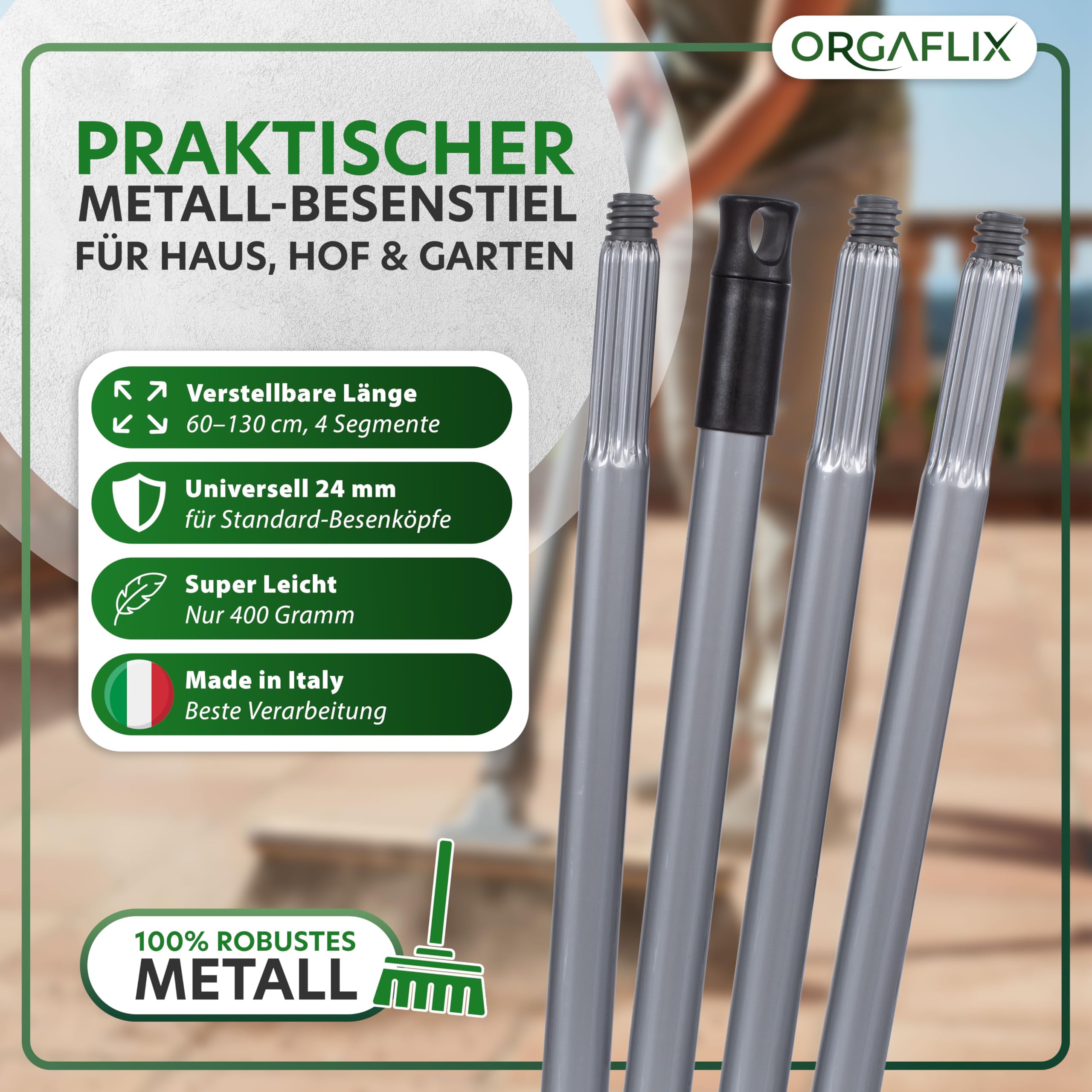 ORGAFLIX Manche de balai de qualité supérieure avec filetage de 24 mm, réglable de 60 à 130 cm, utilisation universelle pour balais, balai de route et balai industriel, manche en métal stable en gris