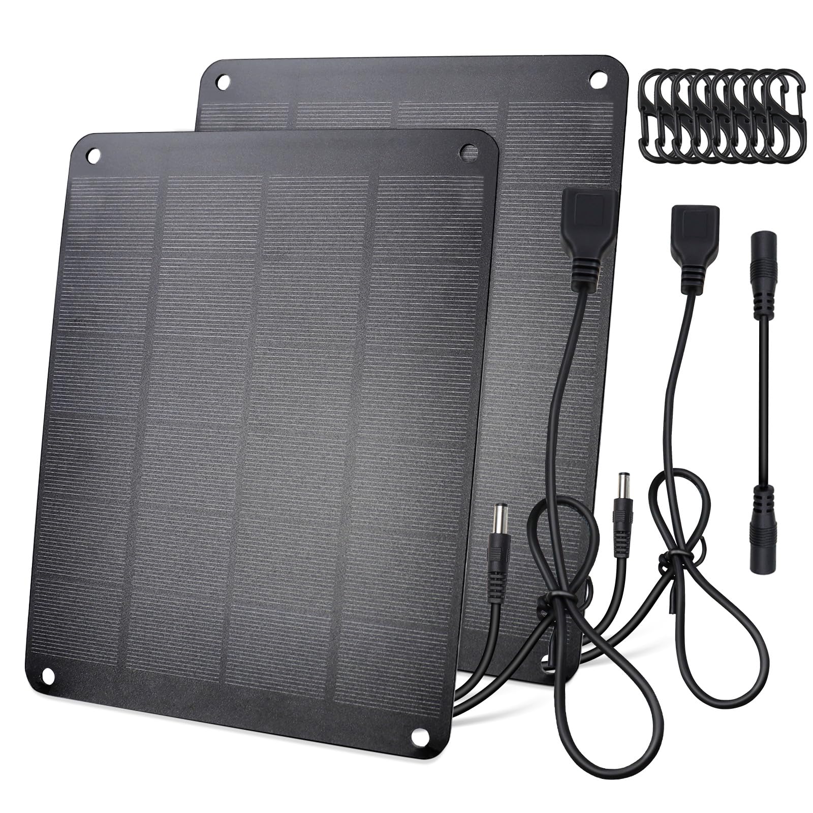 Panel solar de 5 V 6 W (paquete de 2), monocristalino impermeable con cable macho CC, cargador solar USB de 5 V y cable hembra a hembra para cámaras de seguridad al aire libre, ventilador pequeño,