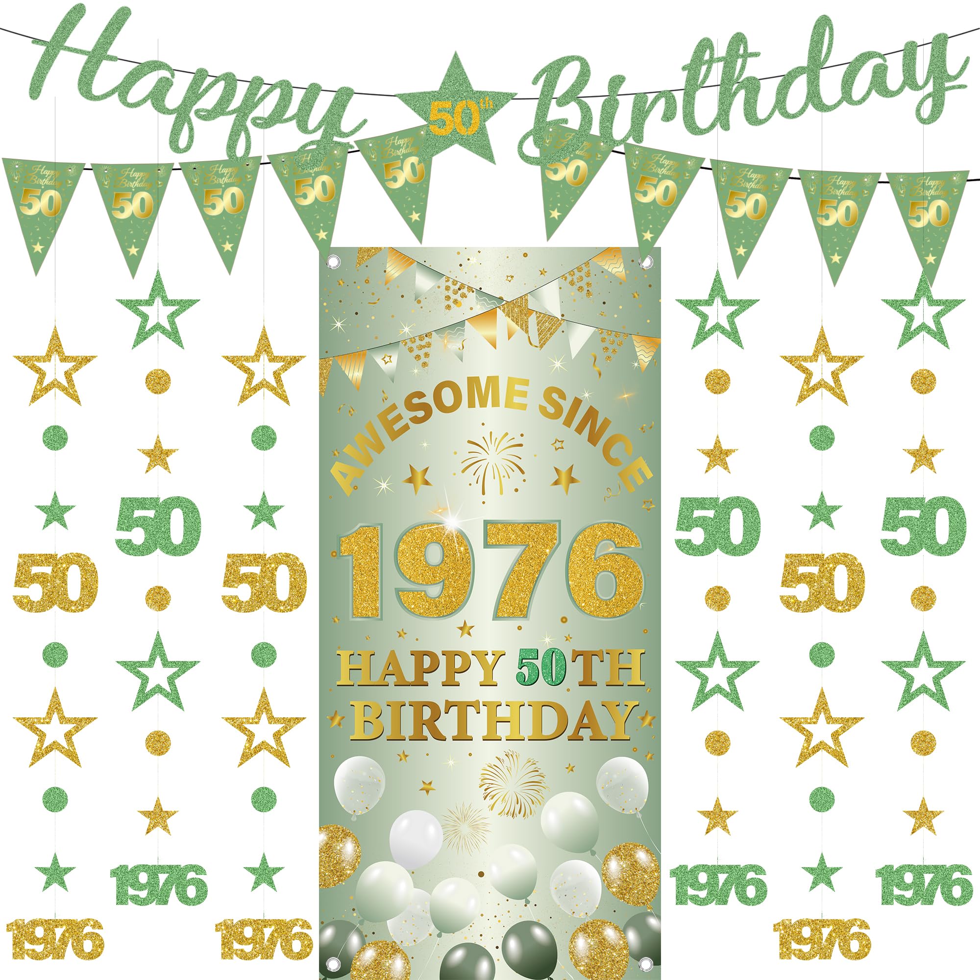 50th Birthday Decorations Women Banners - 9 Pcs Green Gold Happy Birthday Banner Awesome Since 1976 Curtain Twinkle Star Dot Hanging Streamer Pennant for Her 50 Years Old Party Decor Supplies