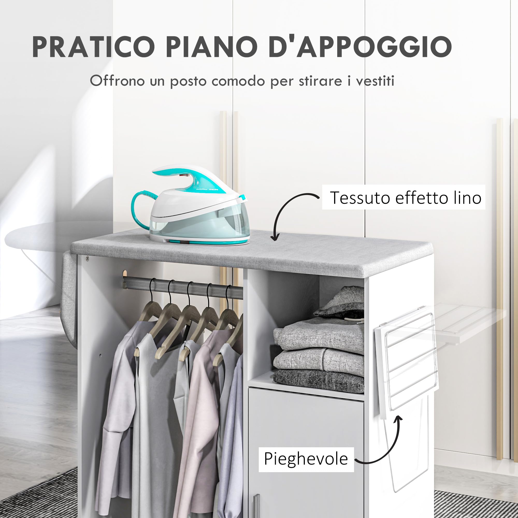 HOMCOM Mobile Asse da Stiro in Truciolato e Spugna con Piano d'Appoggio in Tessuto Effetto Lino, 3 Ripiani a Cubo e Guida per Appendere, per Lavanderia, Bagno, 127x42.5x99 cm, Bianco