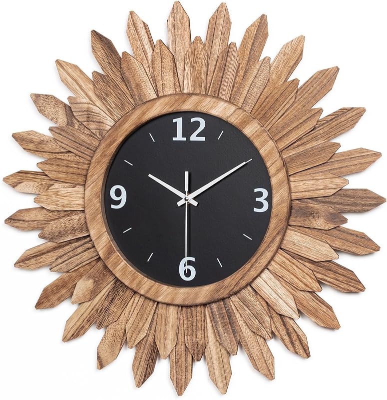 Large Wall Clock Battery Operated 21 in Rustic Wood Boho Sunburst Decorative Wall Clock Silent Non Ticking Farmhouse Wall Clocks for Living Room Bedroom Kitchen Bathroom Decor (Rustic Brown)