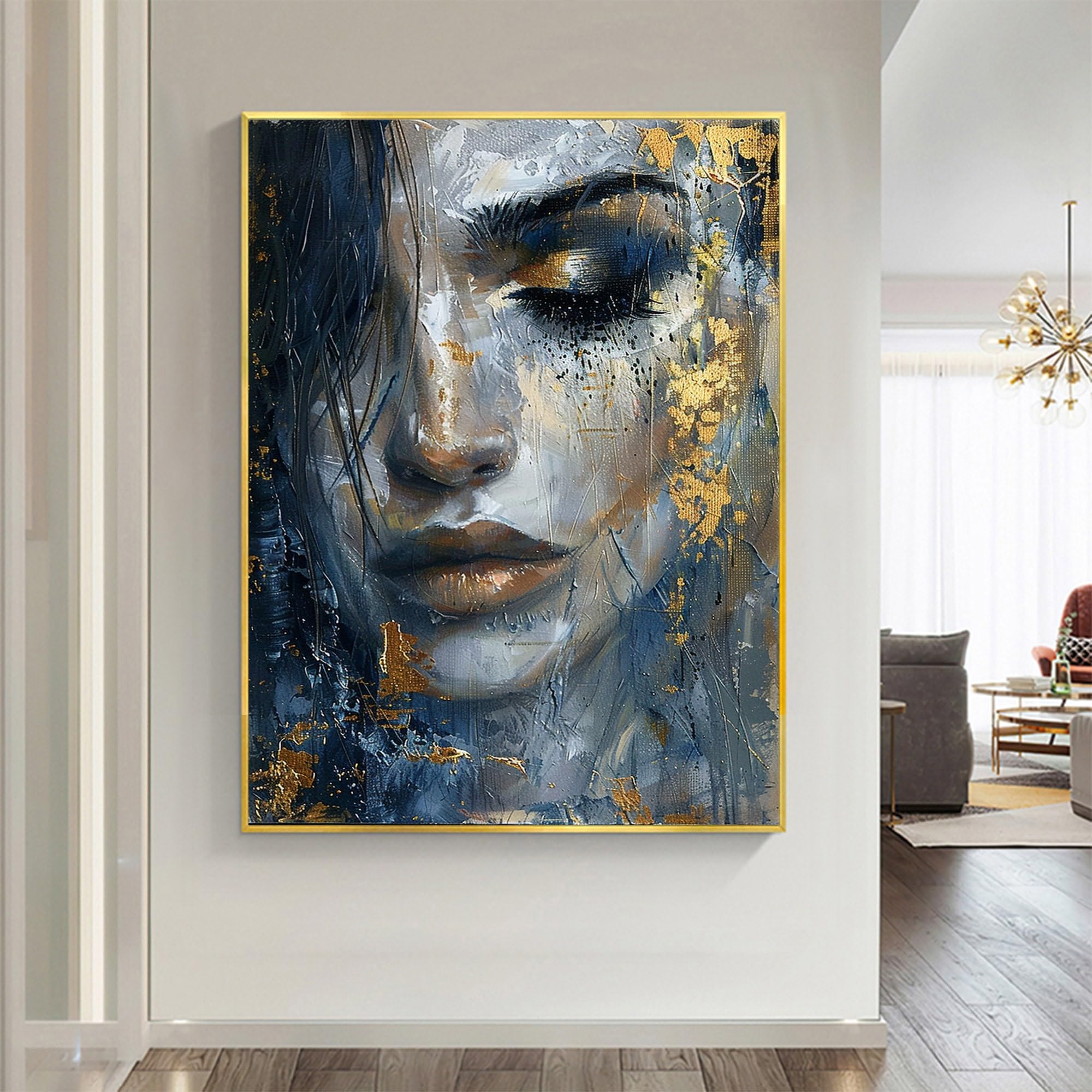 LMYCHENG Abstract Beautiful Girl Face Oil Painting on Canvas Large Wall Art Female Portrait Prints Bedroom Aesthetic Decor(80x120cm/Frameless)
